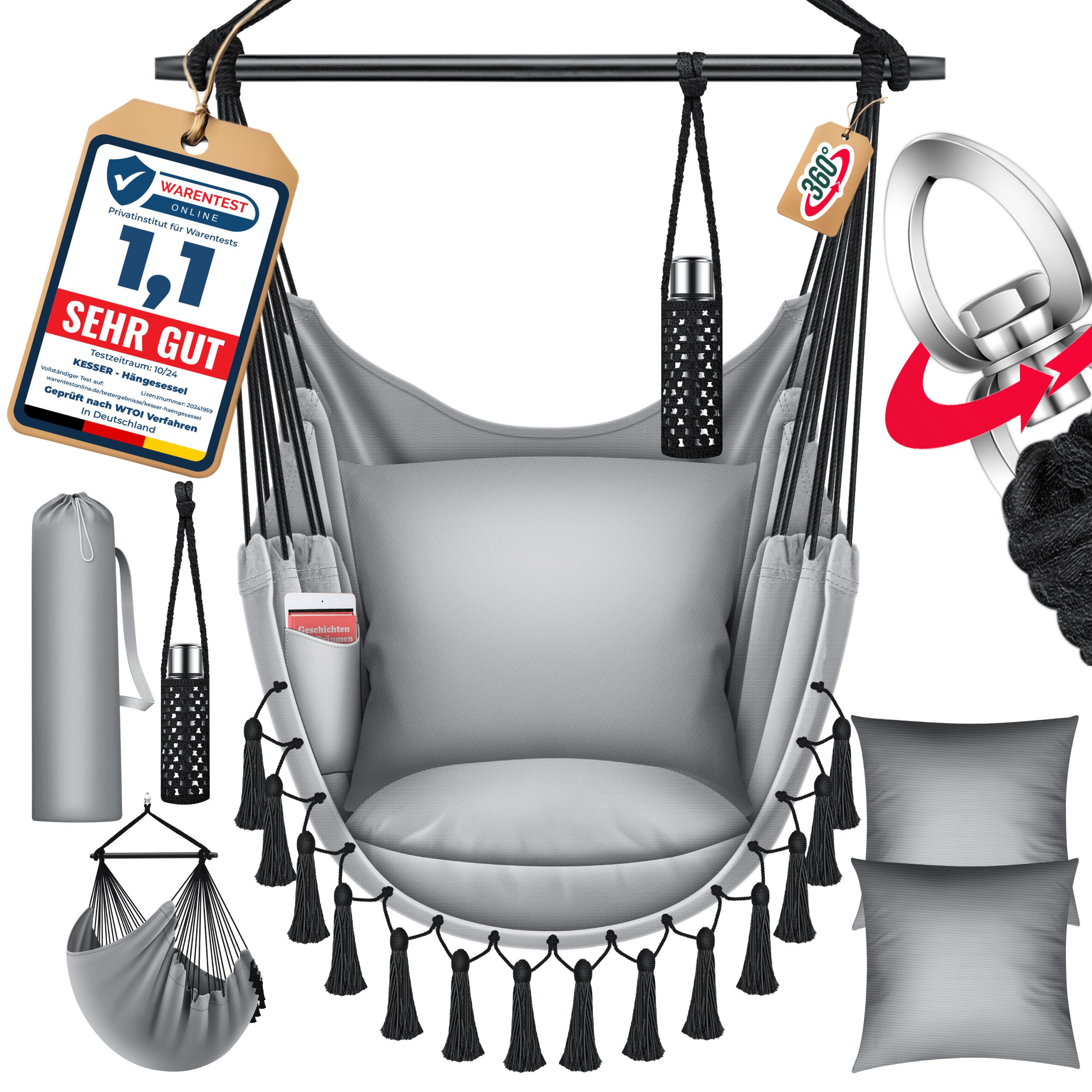 KESSER® Hängesessel mit 2 Kissen Getränkehalter & Bücherfach - Safari XXL Hängestuhl für Erwachsene & Kinder Hängematte bis 150 kg Hängesitz Aufhängung Indoor & Outdoor Wohn & Garten Terrasse