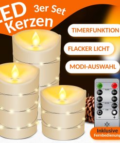 KESSER® LED Kerzen Set Flammenlose Kerze mit Fernbedienung Timerfunktion Timer Dimmer Echtwachskerze Realistisch Flackernde Led-Flammen Echtwachs mit Kordel Deko