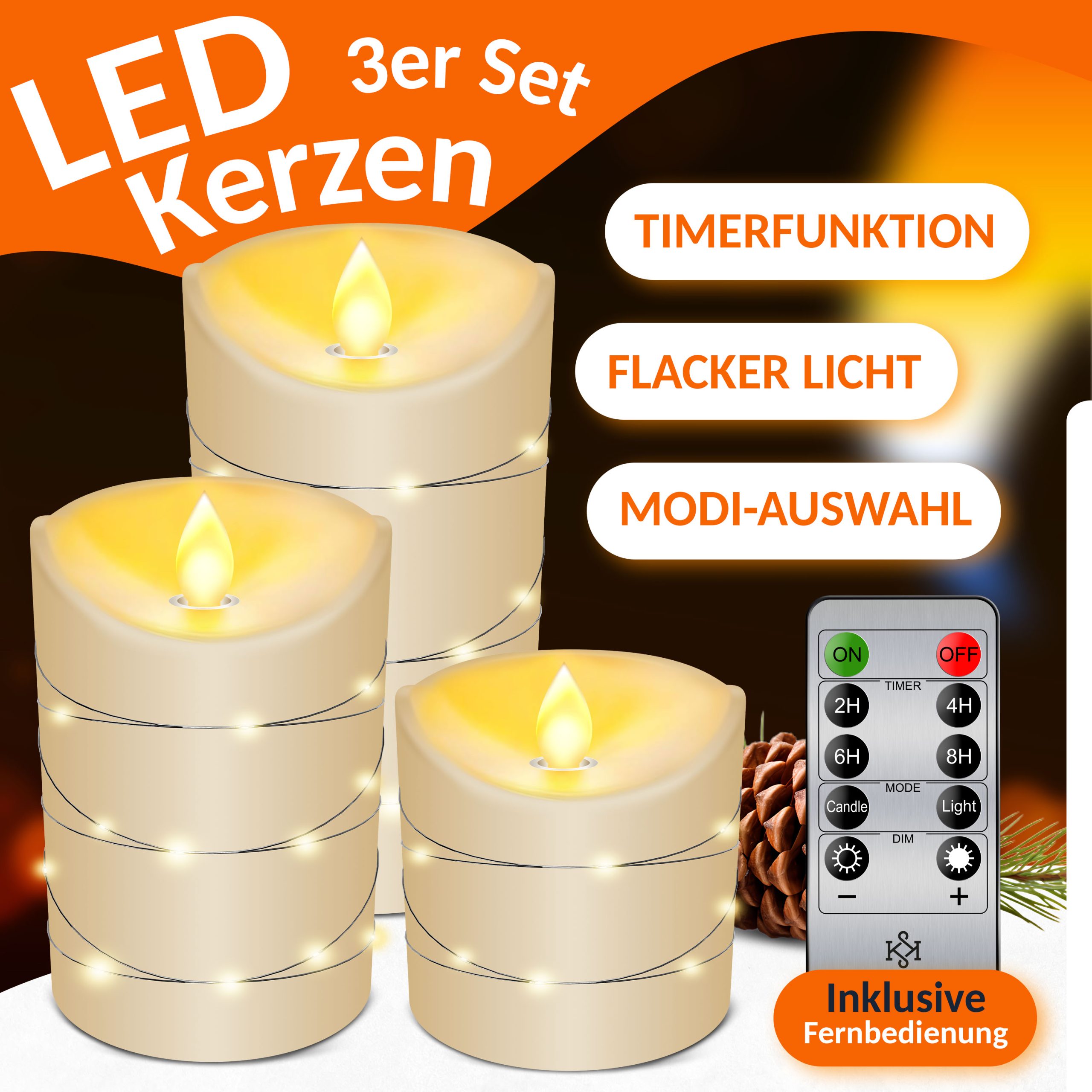 KESSER® LED Kerzen Set Flammenlose Kerze mit Fernbedienung Timerfunktion Timer Dimmer Echtwachskerze Realistisch Flackernde Led-Flammen Echtwachs mit Kordel Deko