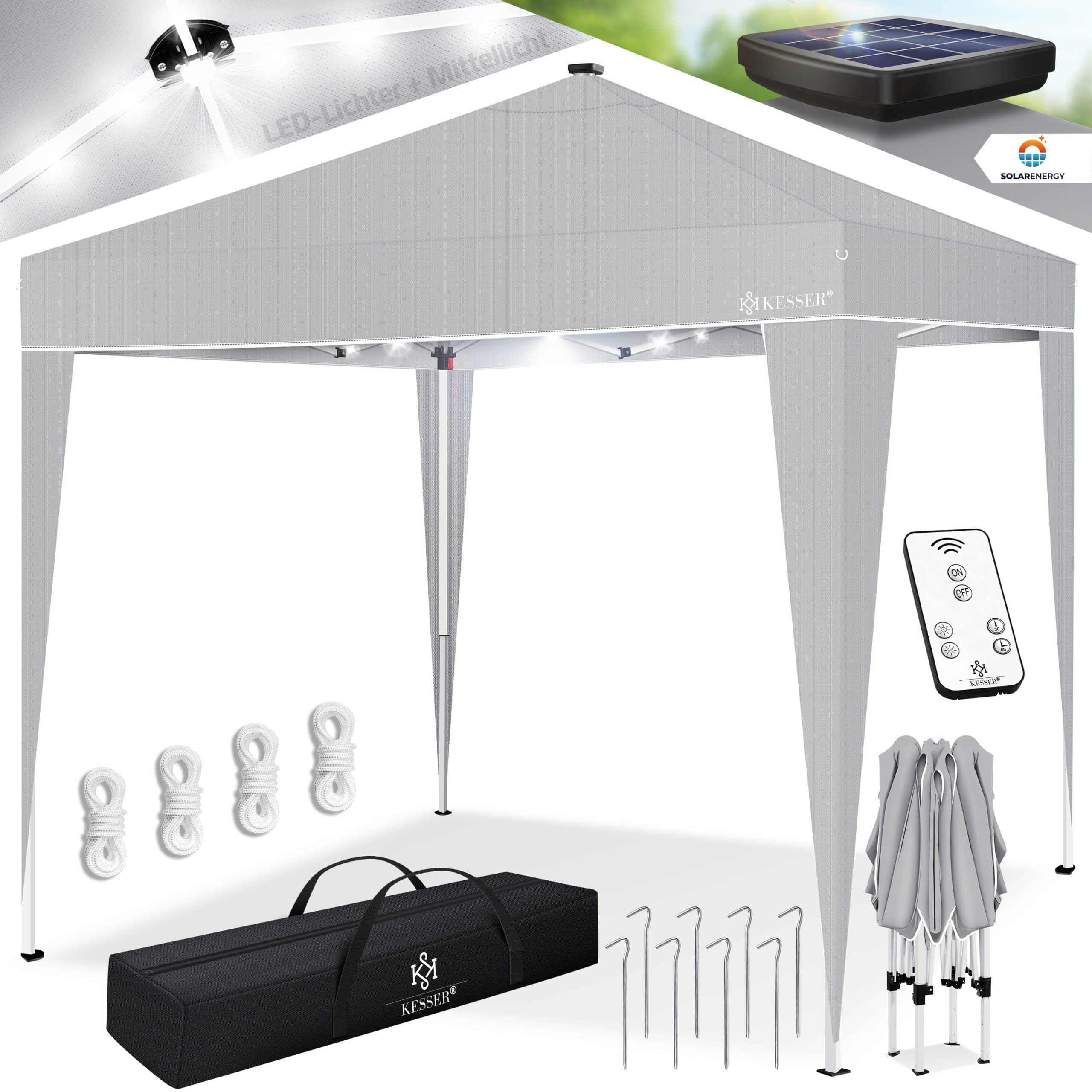 KESSER® Pavillon Faltpavillon 3x3m mit LED Beleuchtung Solar Fernbedienung   Gartenzelt Höhenverstellbar & Wasserdicht + Tasche Bodenanker   Pop-Up Klicksystem UV-Schutz 50+ Partyzelt