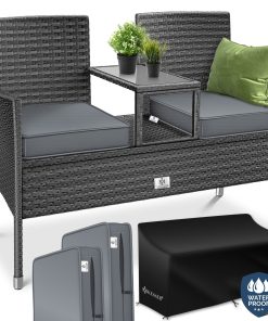 KESSER® Polyrattan Gartenbank 2-Sitzer Bank mit integriertem inkl. Tisch & Kissen - 133 × 55 × 84 cm - Rattan Sitzbank Garten Balkon Gartensofa wetterfest Sitzgruppe Ultra Stabile