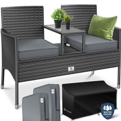 KESSER® Polyrattan Gartenbank 2-Sitzer Bank mit integriertem inkl. Tisch & Kissen - 133 × 55 × 84 cm - Rattan Sitzbank Garten Balkon Gartensofa wetterfest Sitzgruppe Ultra Stabile