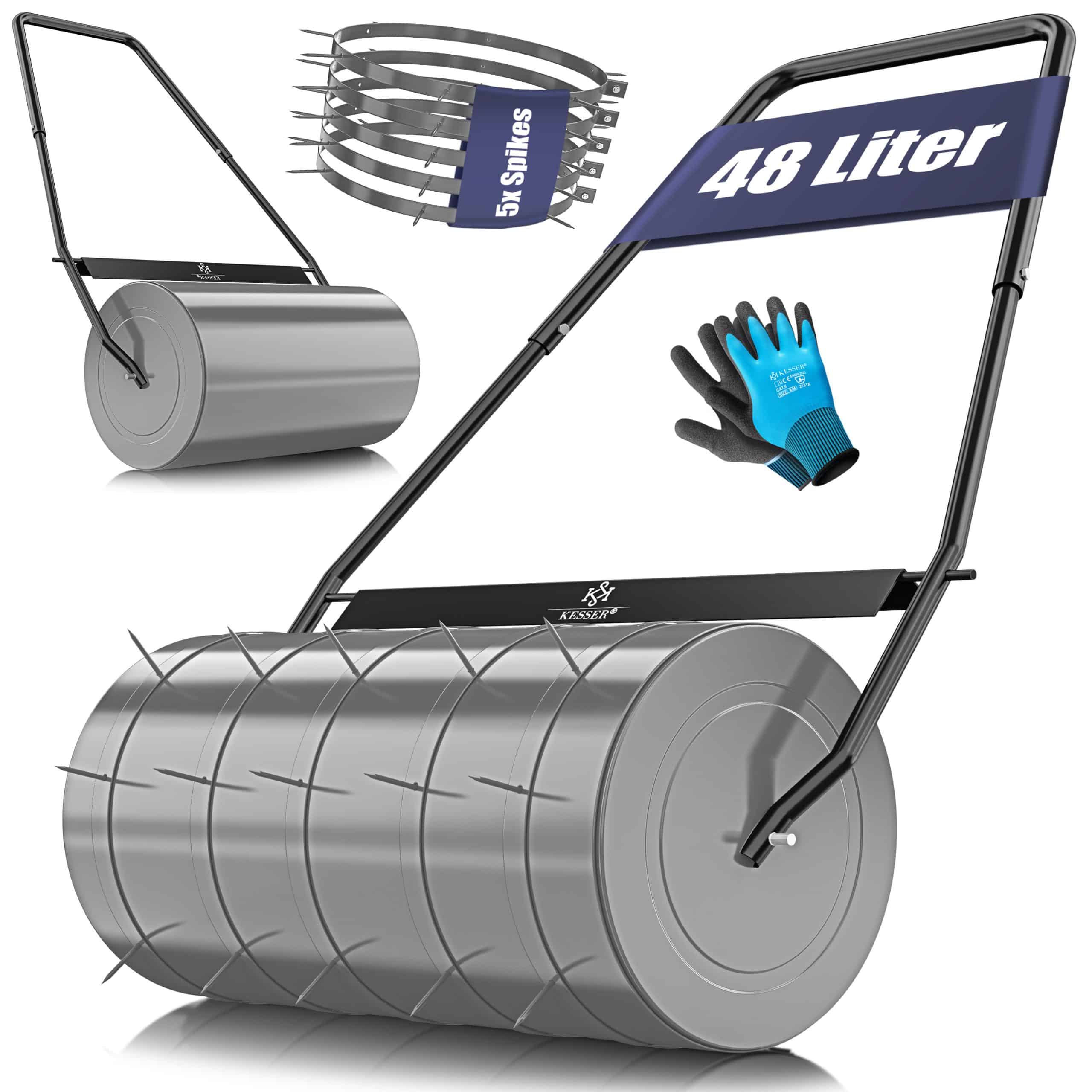 KESSER® Rasenwalze Metall mit 5x Spikes & Handschuhen Handwalze Rasenroller Gartenwalze Ackerwalze Walze befüllbar mit Wasser oder Sand