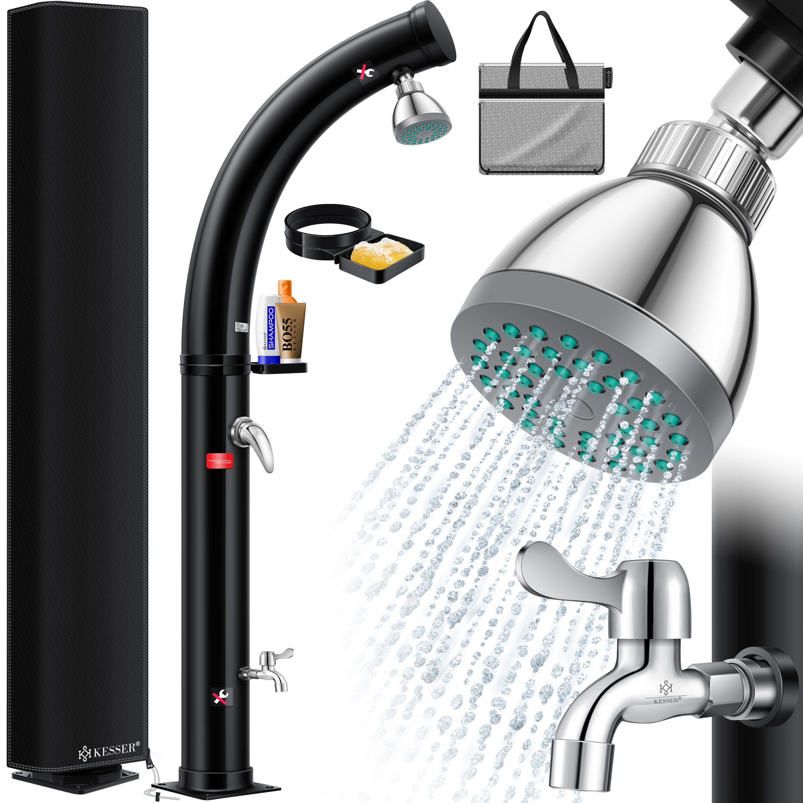 KESSER® Solar Gartendusche Solardusche Bogen mit Metall-Duschablage Schutzhaube & Tasche   warmes Wasser max. 60°C Pooldusche Camping   Regenduschkopf & Wasserhahn   Gartenschlauch-Anschluss