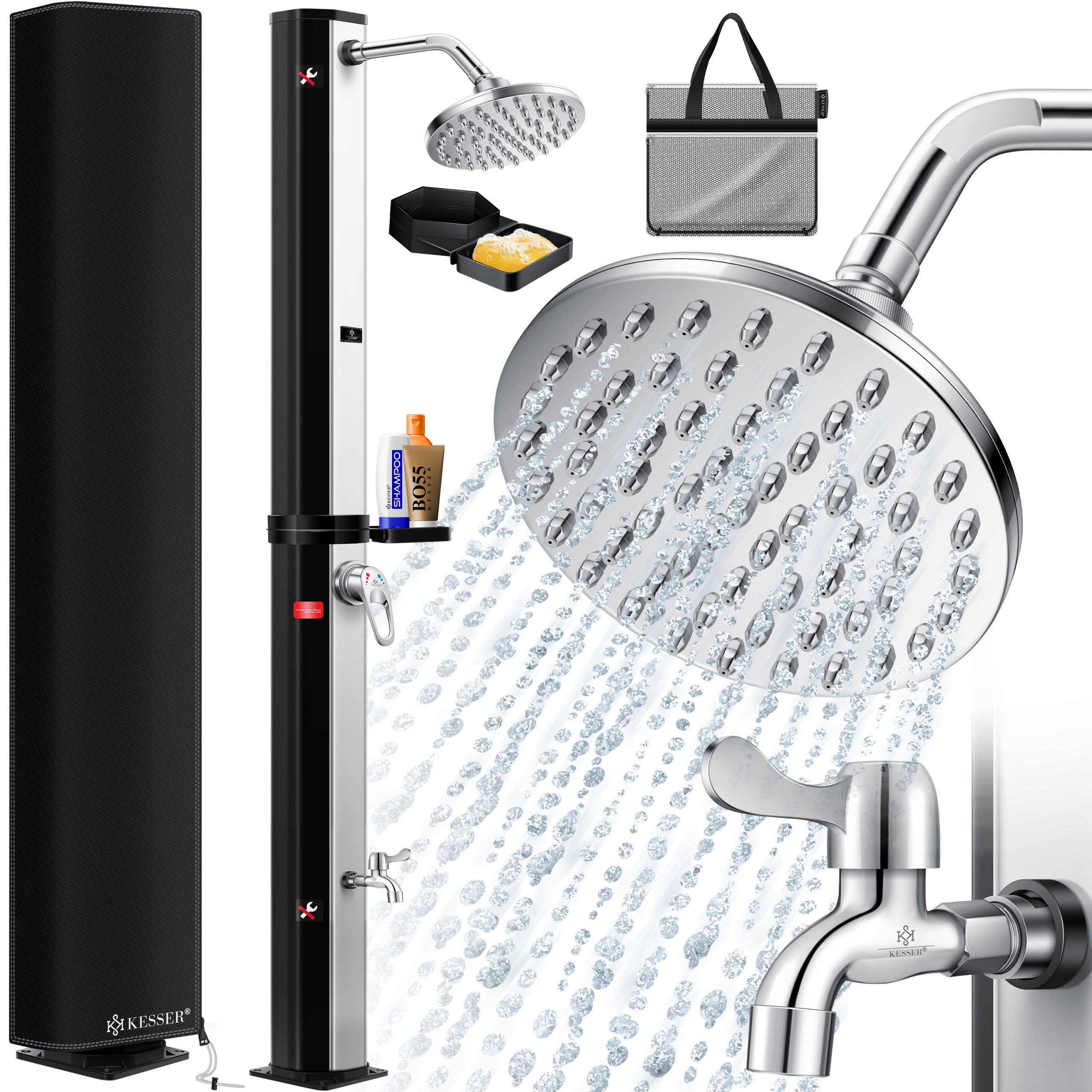 KESSER® Solardusche 35 Liter Solar Gartendusche + Metall-Duschablage   warmes Wasser    max. 60°C   ohne Stromanschluss   Pooldusche Camping  Regenduschkopf und Wasserhahn   Gartenschlauch-Anschluss