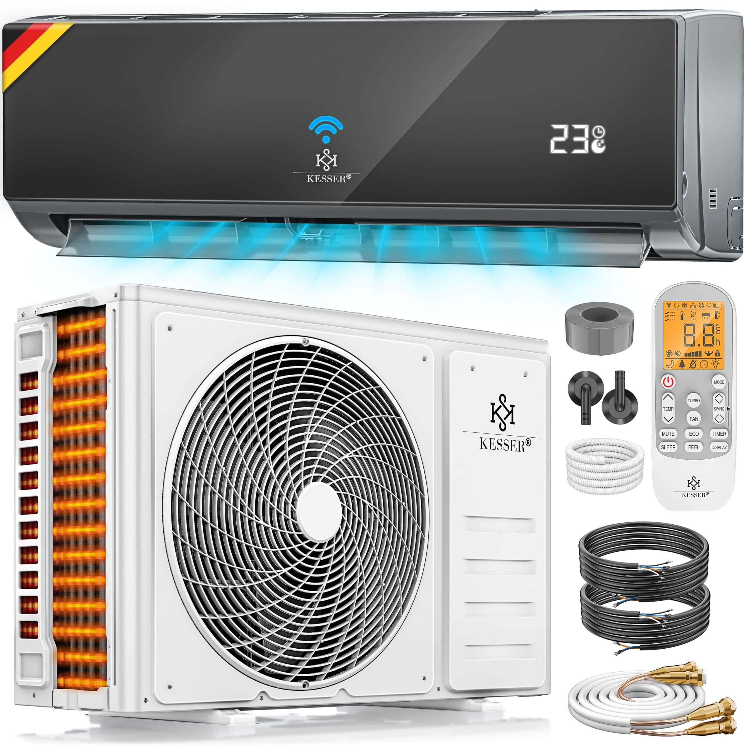 KESSER® Split Klimaanlage Set Quick Connect 9000 / 12000 BTU  – WiFi & App Klimagerät mit Heizfunktion & Kühlmodus Wandklimaanlage