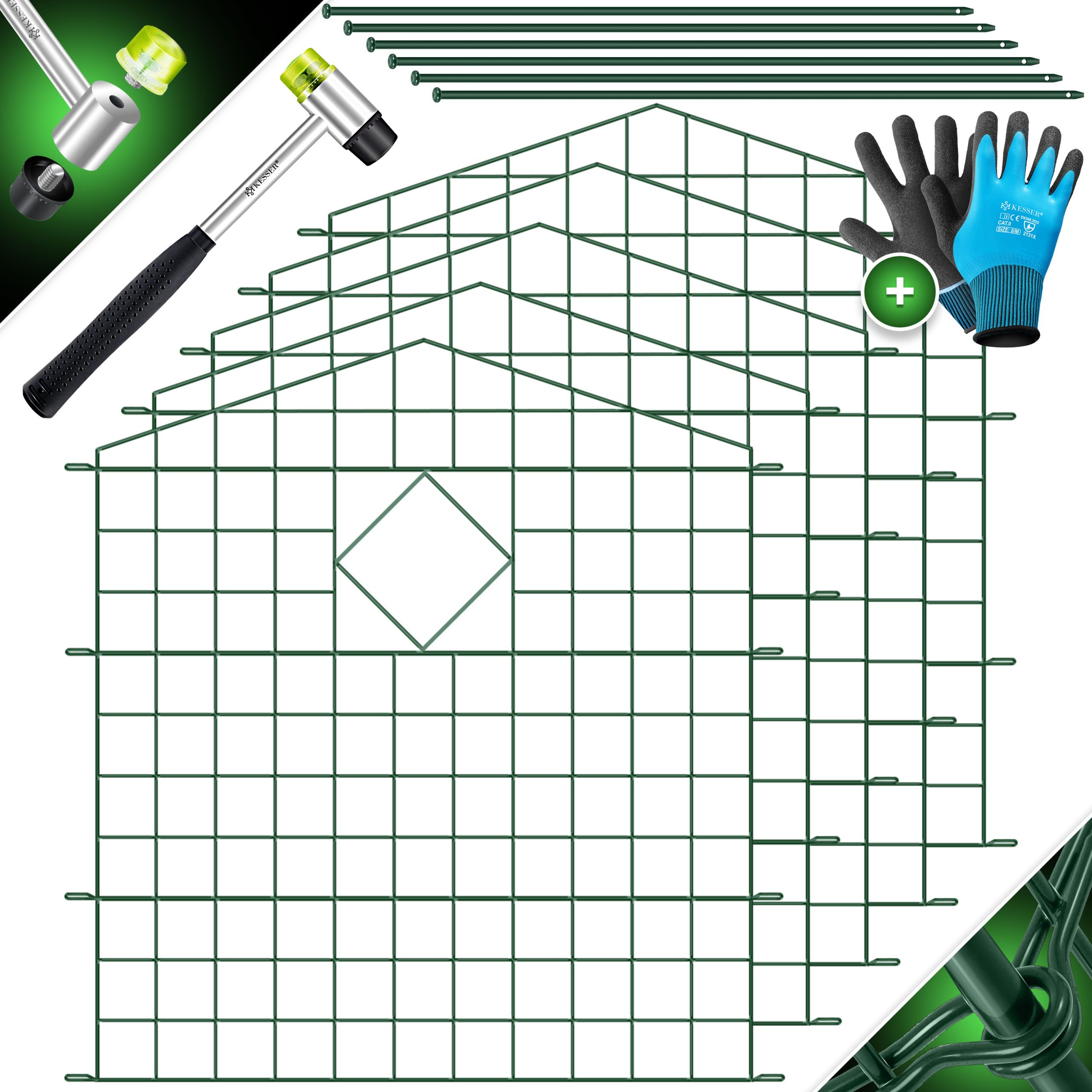 KESSER® Teichzaun Gartenzaun Steckzaun Komplettset Metall Zaunelemente Inkl. Hammer + Befestigungsstäben