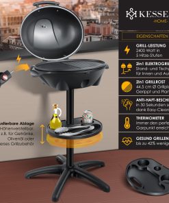 KESSER® elektrischer Elektrogrill 2in1 Tischgrill - Standgrill mit Deckel Standfuß   max. 2400 Watt Thermometer   Antihaftbeschichtung   XXL Grillplatte   integrierte Ablagefläche Elektro-Säulengrill