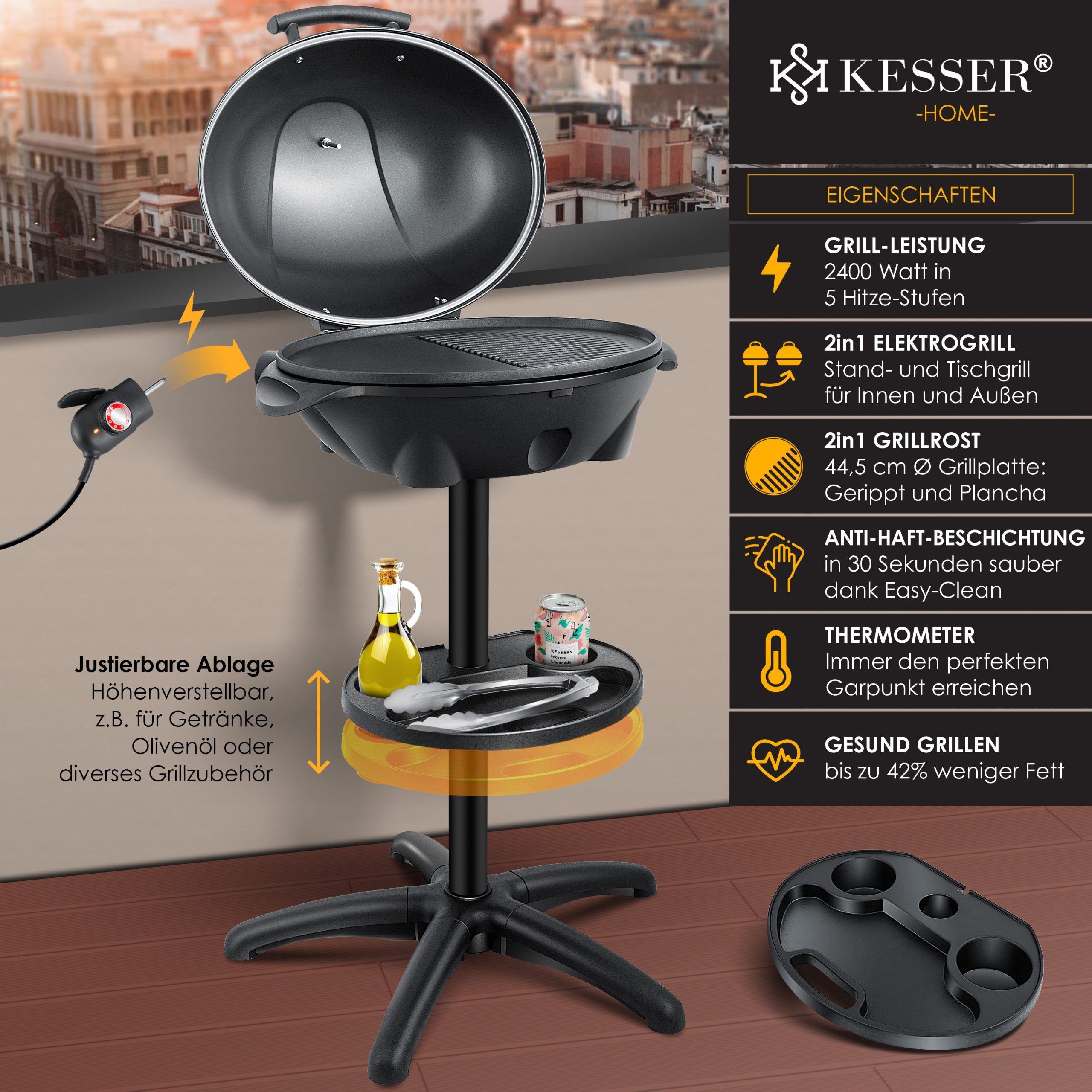 KESSER® elektrischer Elektrogrill 2in1 Tischgrill - Standgrill mit Deckel Standfuß   max. 2400 Watt Thermometer   Antihaftbeschichtung   XXL Grillplatte   integrierte Ablagefläche Elektro-Säulengrill