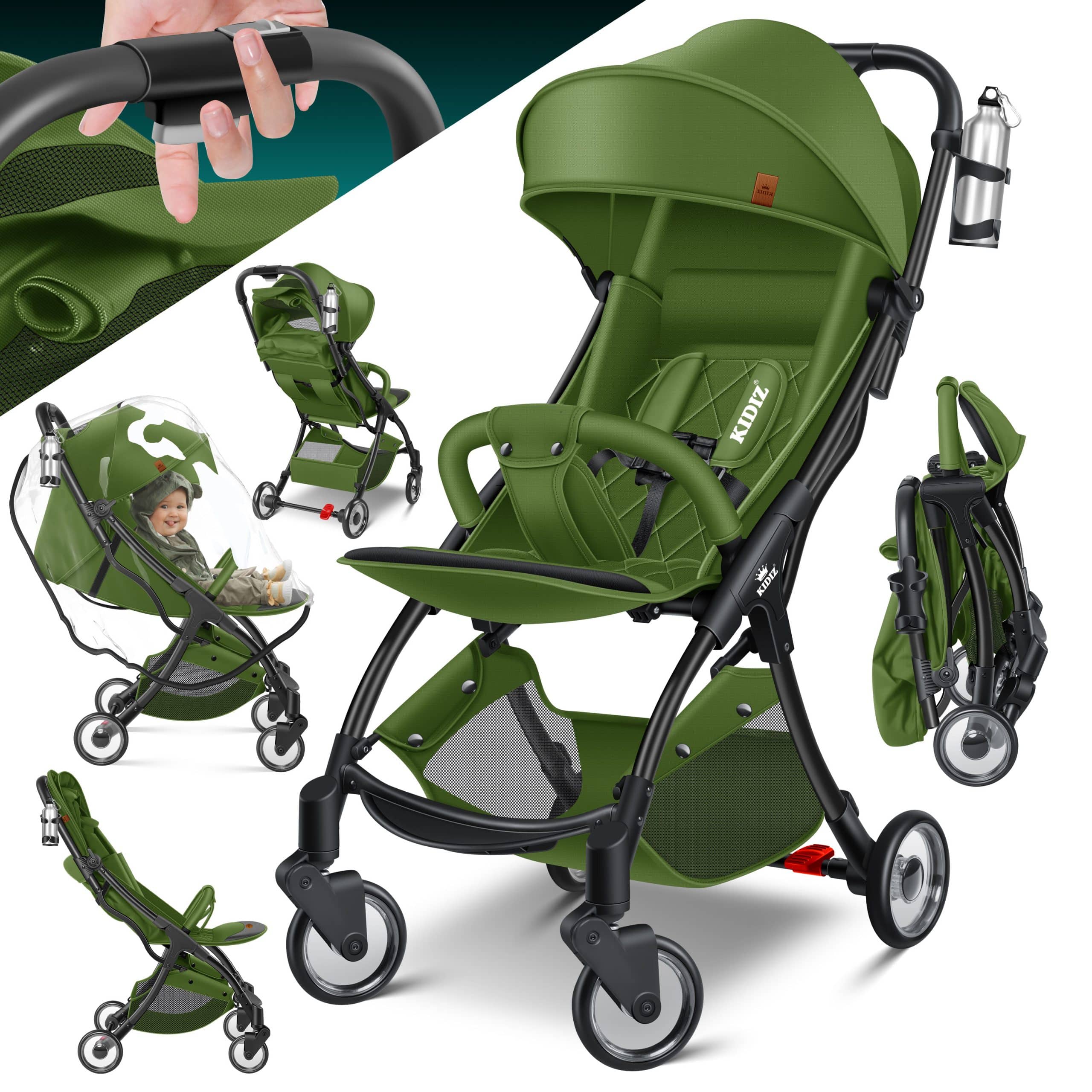 KIDIZ® Kinderwagen Premium Kinderbuggy klappbar Liegebuggy Sportwagen Faltbar 360°Räder 5-Punkt Gurt Inkl. Getränkehalter & Regenabdeckung