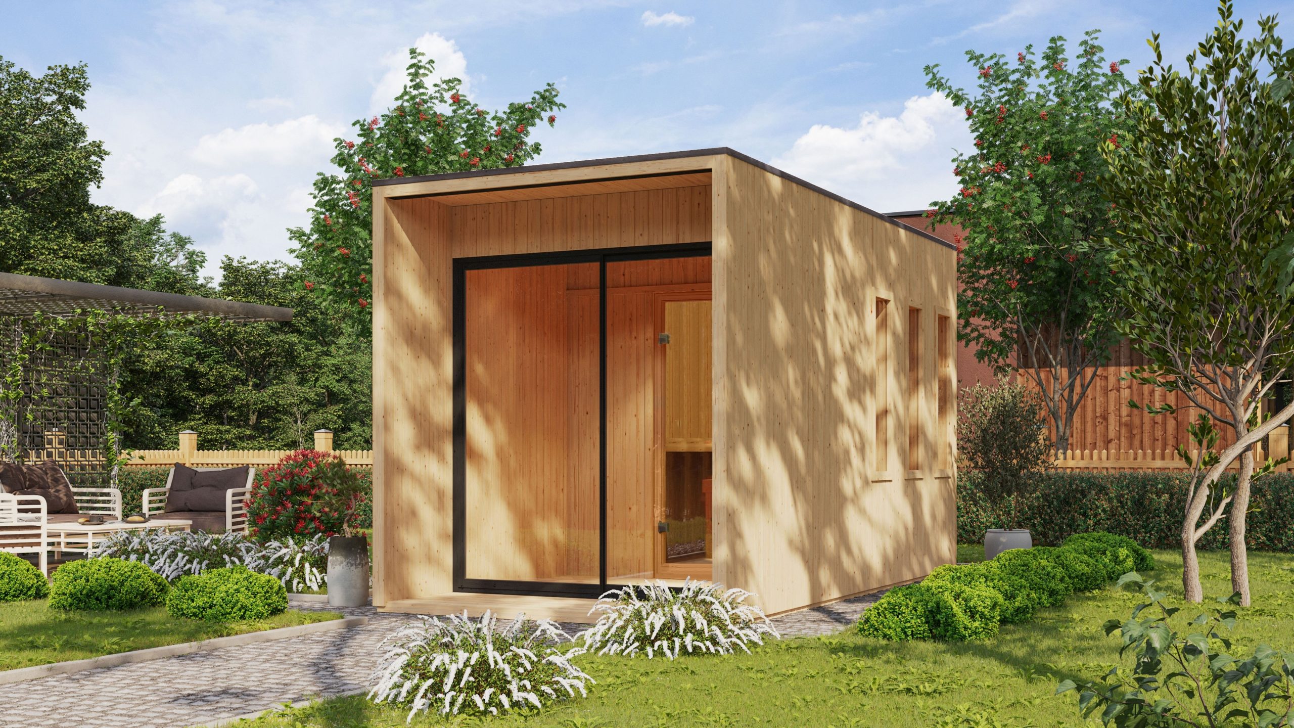 Karibu 73 mm Saunahaus Belmira inkl. Saunaofen mit eingebauter Steuerung 9 kW schwarz