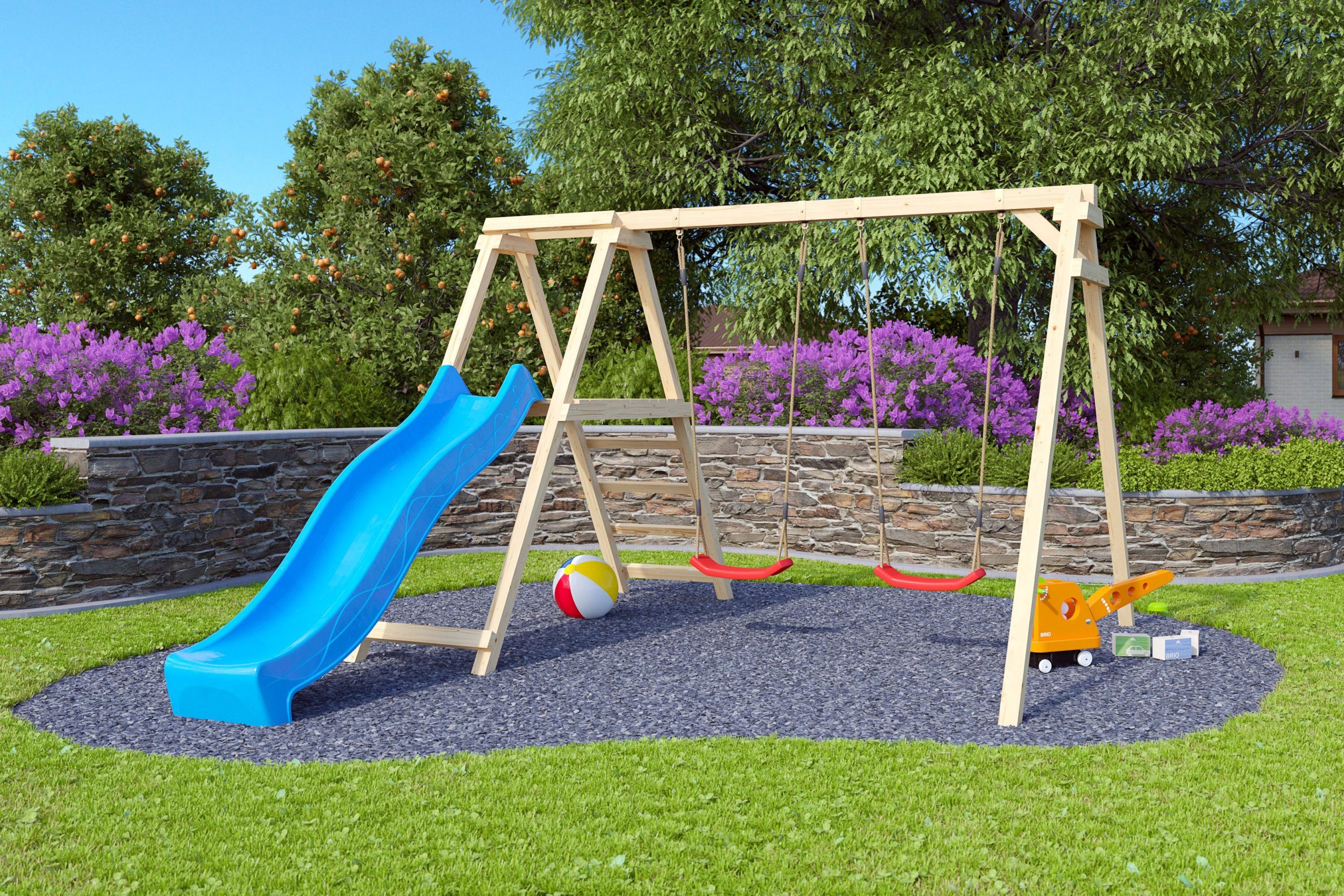 Karibu Doppelschaukel Felix mit Klettergerüst und Rutsche blau