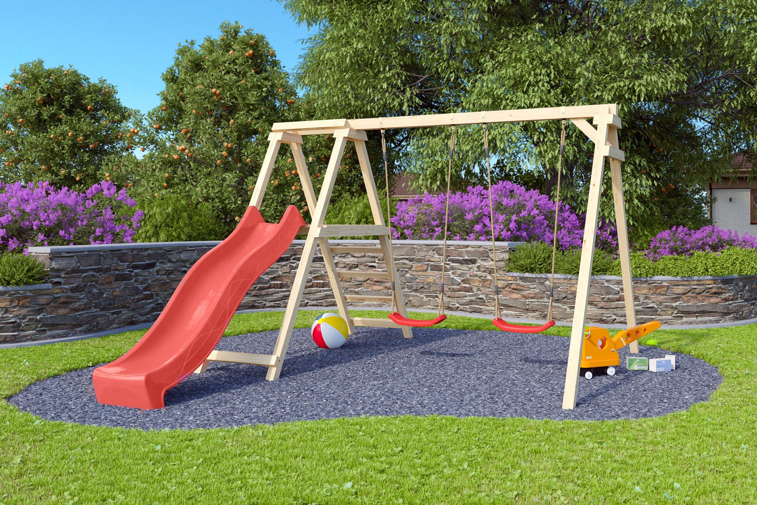 Karibu Doppelschaukel Felix mit Klettergerüst und Rutsche rot