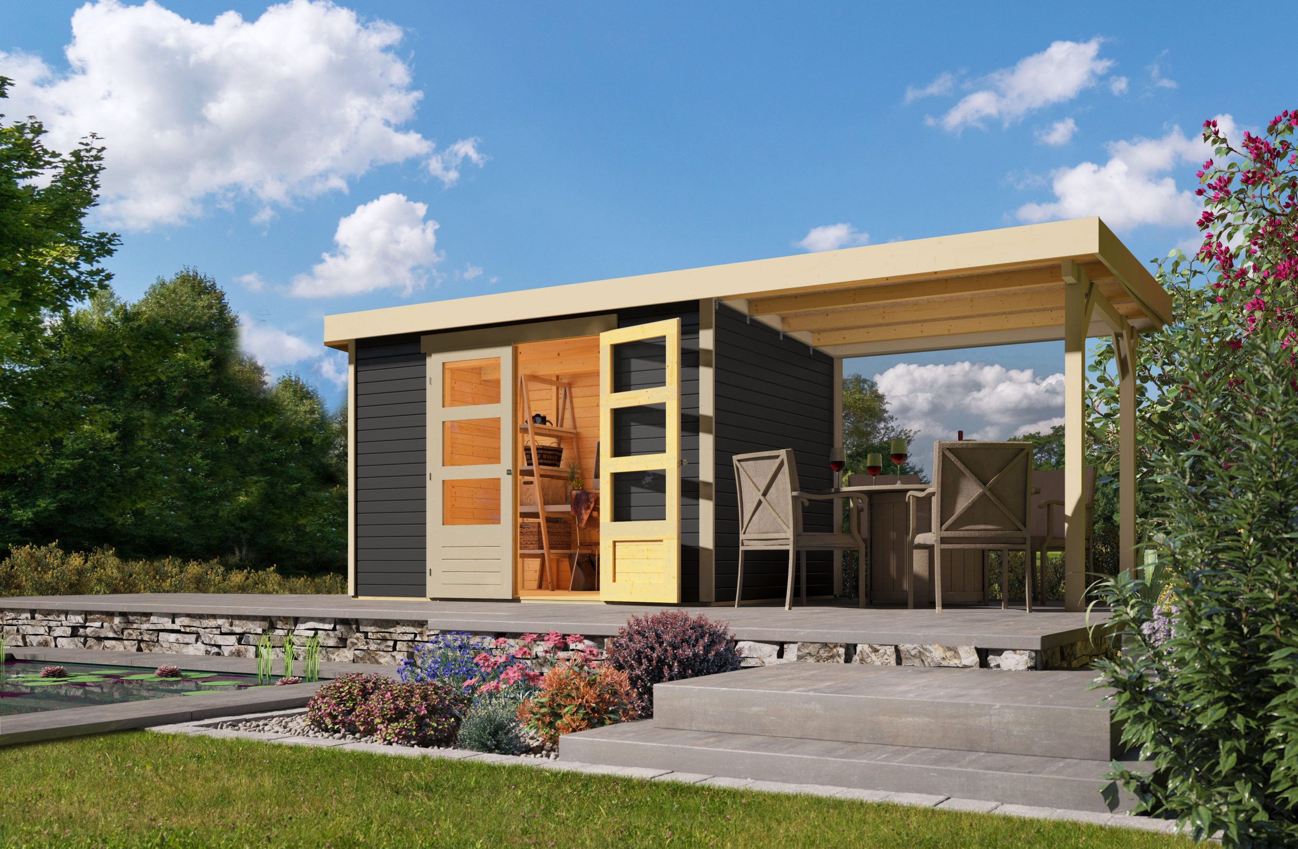 Karibu Gartenhaus Calabar 4 SET in terragrau mit Boden