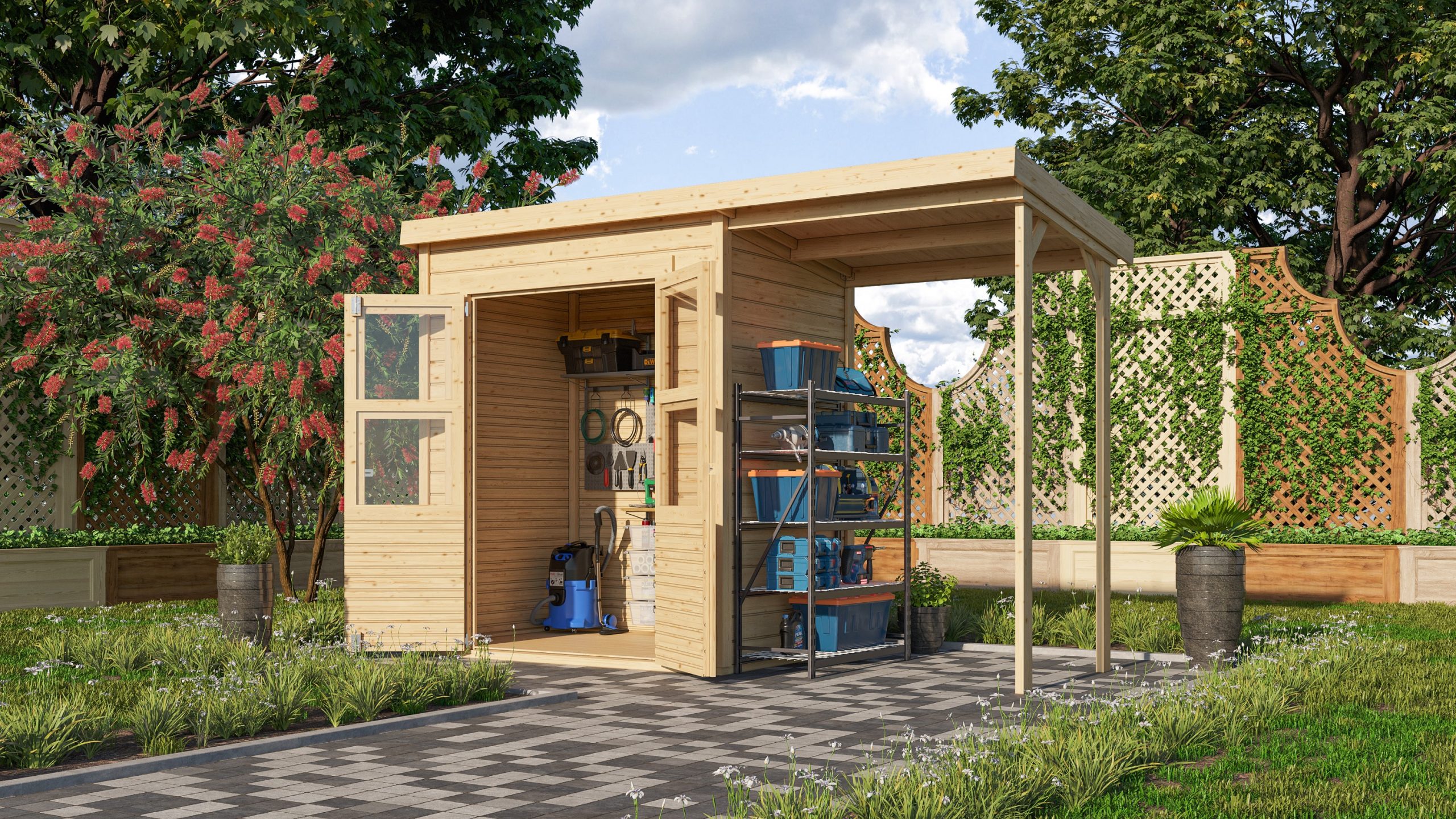 Karibu Gartenhaus "Kano 2" SET mit Anbaudach   naturbelassenes Fichtenholz