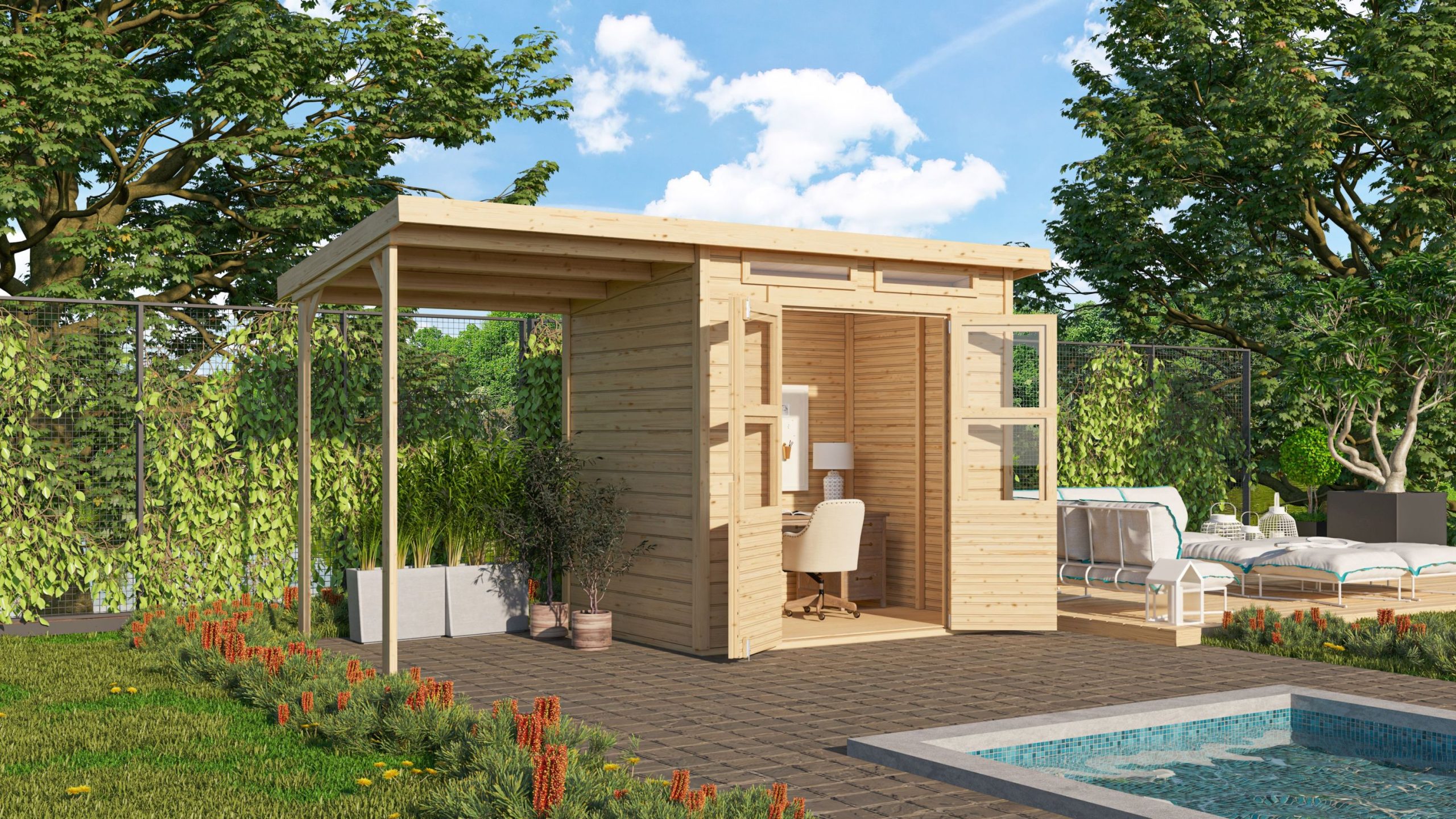 Karibu Gartenhaus "Kano 3" SET naturbelassenes Holz   mit Anbaudach + Dachbahn