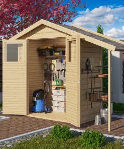 Karibu Holz Gartenhaus Hombach mit Anbaudach 14mm Wandstärke