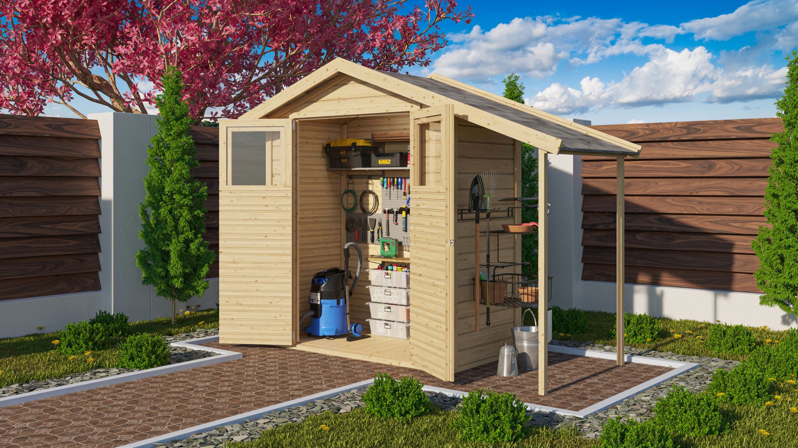 Karibu Holz Gartenhaus Hombach mit Anbaudach 14mm Wandstärke