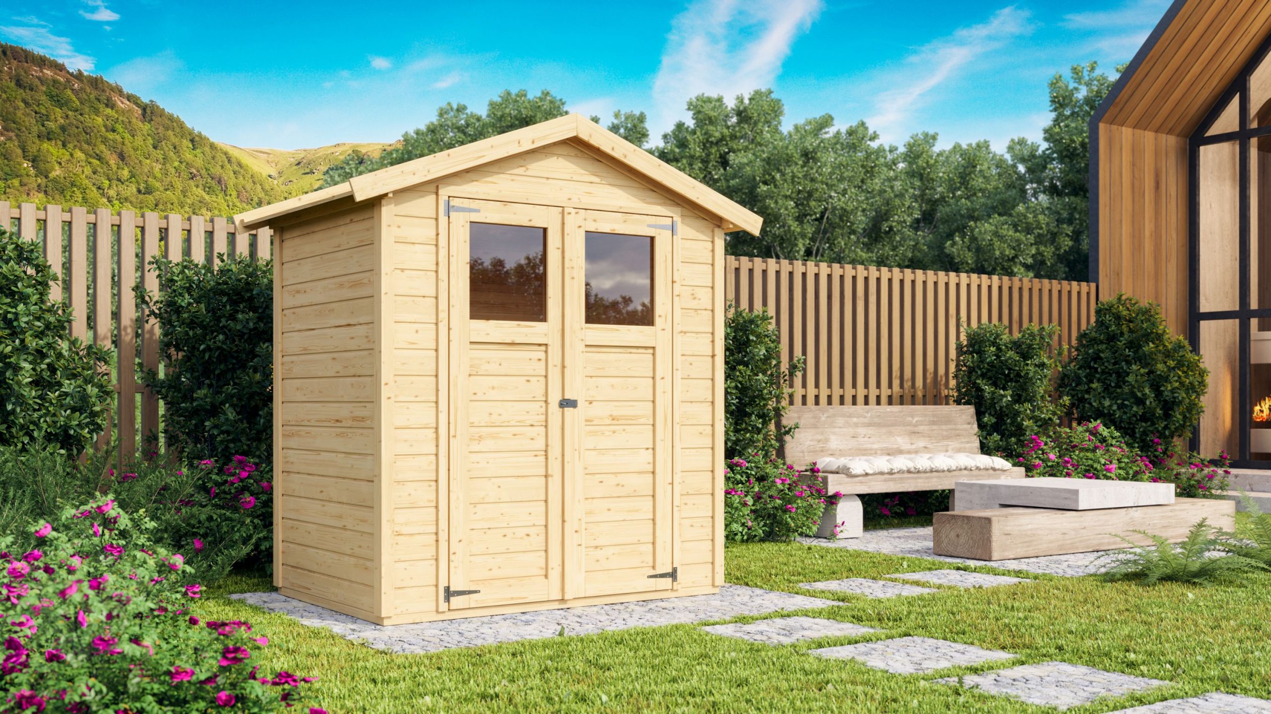 Karibu Holz Gartenhaus Hombach naturbelassen 14mm Wandstärke