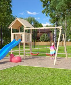 Karibu Spielturm Lotti Satteldach  mit Rutsche blau und Doppelschaukel
