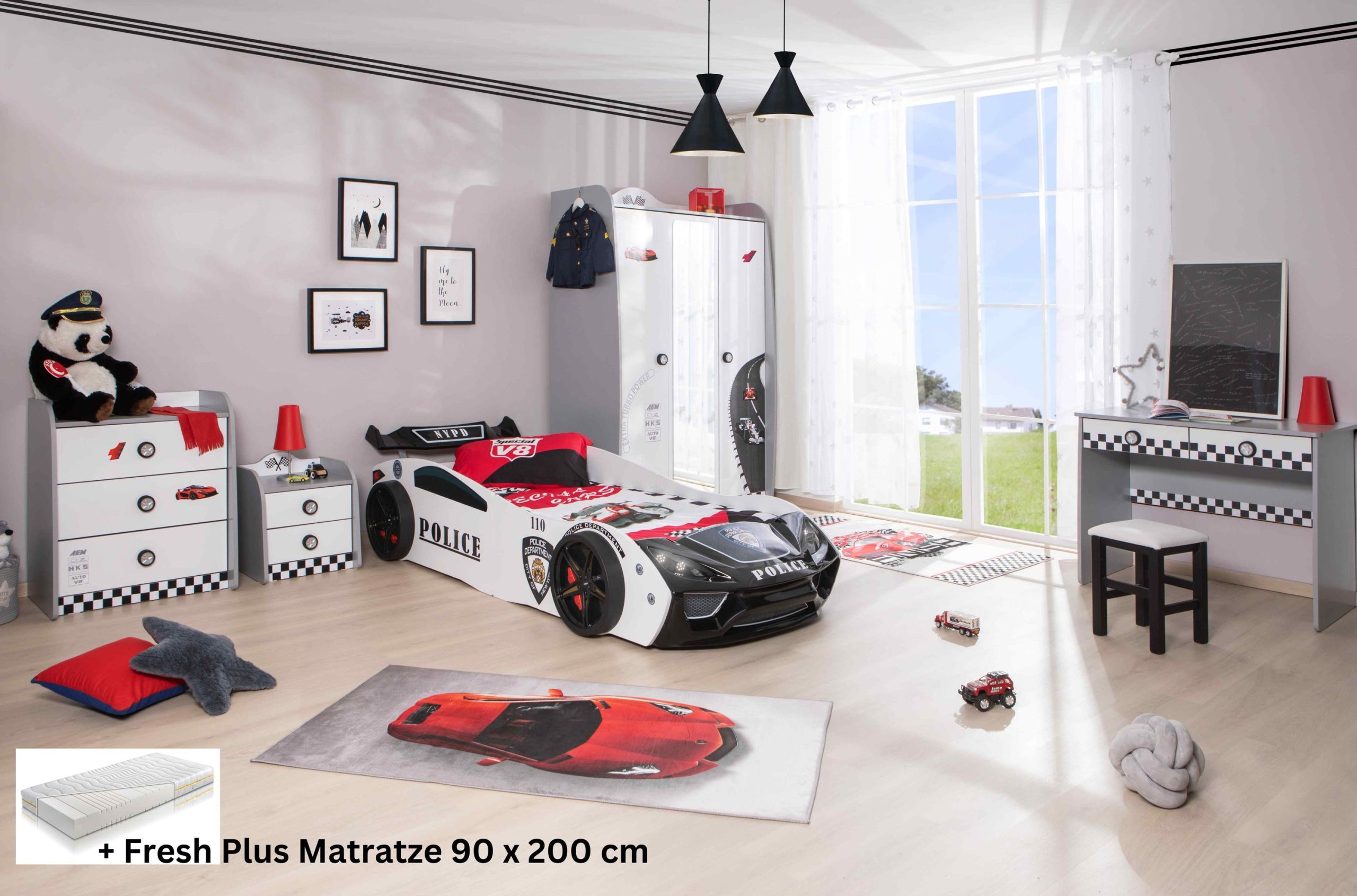 Kinderzimmer Set mit Police Autobett 5 teilig Weiß