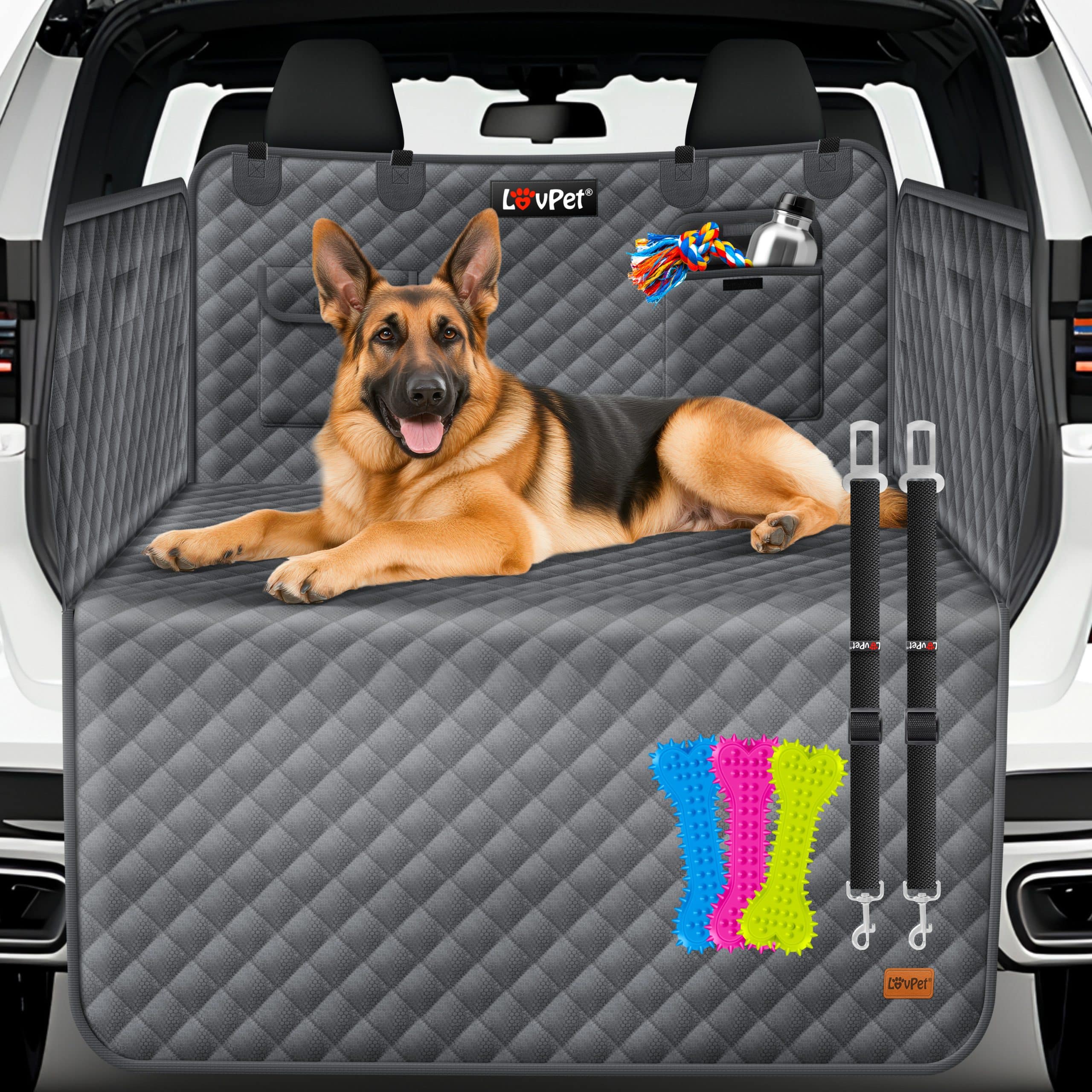 LOVPET® Kofferraumschutz Hund gesteppt mit Seiten- und Ladekantenschutz   Universale Kofferraum-Schutzmatte für Hunde   Hundedecke Wasserabweisend & Kratzfest mit Sicherheitsgurt und Zubehör