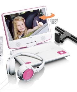 Lenco DVP-910PK - 9 Zoll tragbarer DVD-Spieler mit Kopfhörer und Kopfstützenbefestigung - integrierter Akku - USB-Eingang - Pink/Weiß