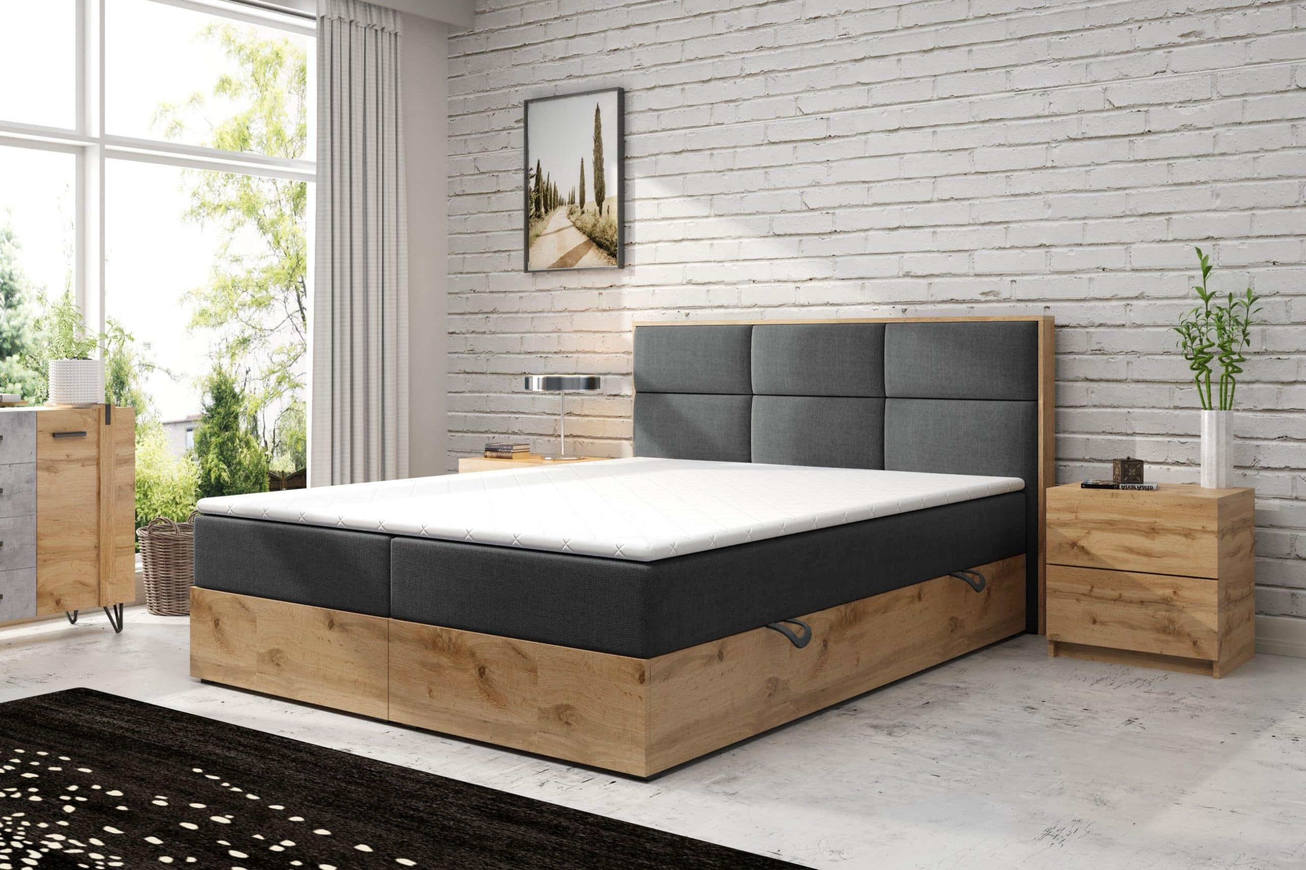 M-Punkt GmbH Boxspringbett STOCKHOLM Eiche Holz mit Bettkasten 180 x 200 cm Webstoff Grau Anthrazit - versch. Varianten