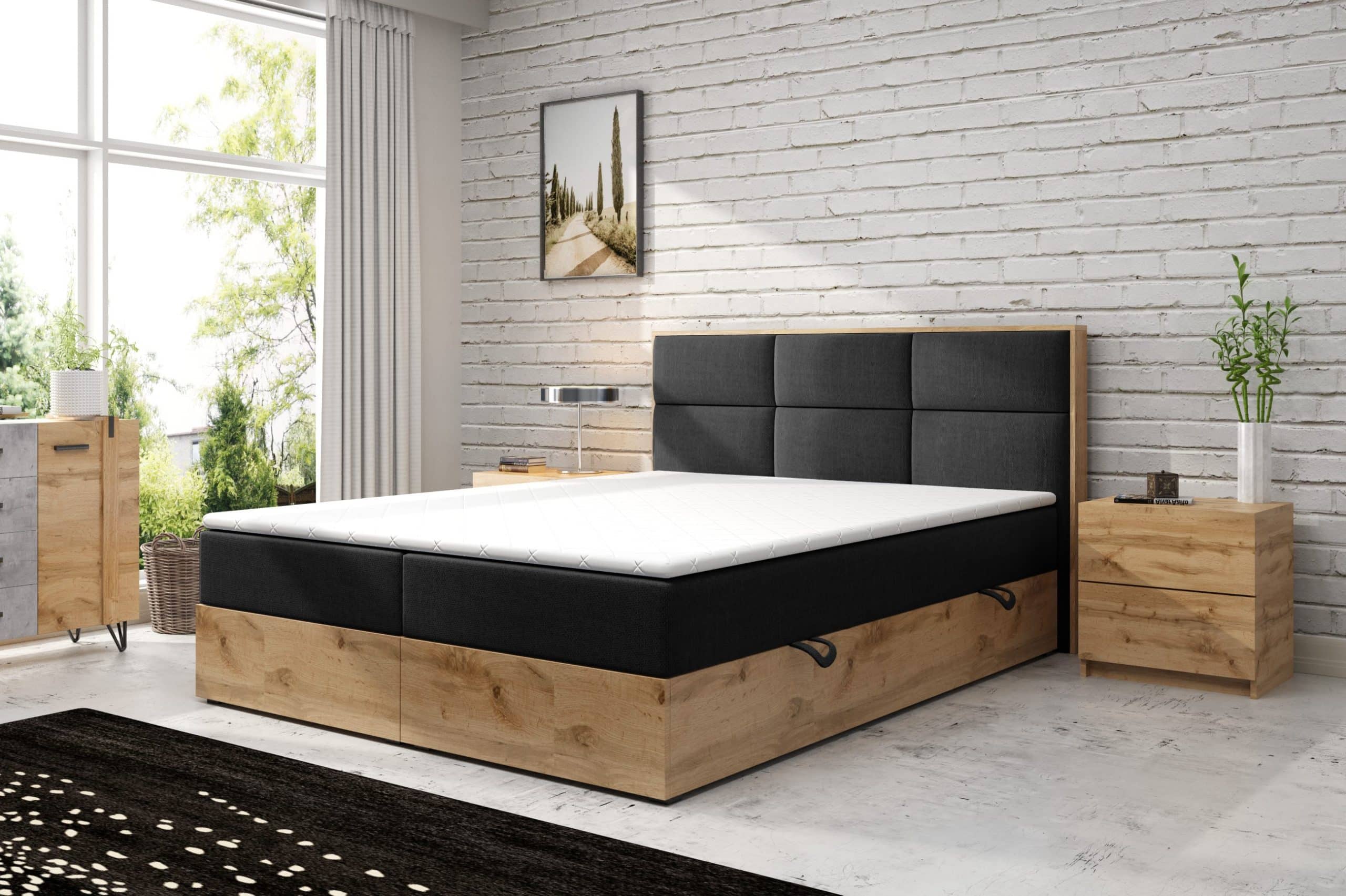 M-Punkt GmbH Boxspringbett STOCKHOLM Eiche Holz mit Bettkasten 180 x 200 cm Webstoff Schwarz - versch. Varianten