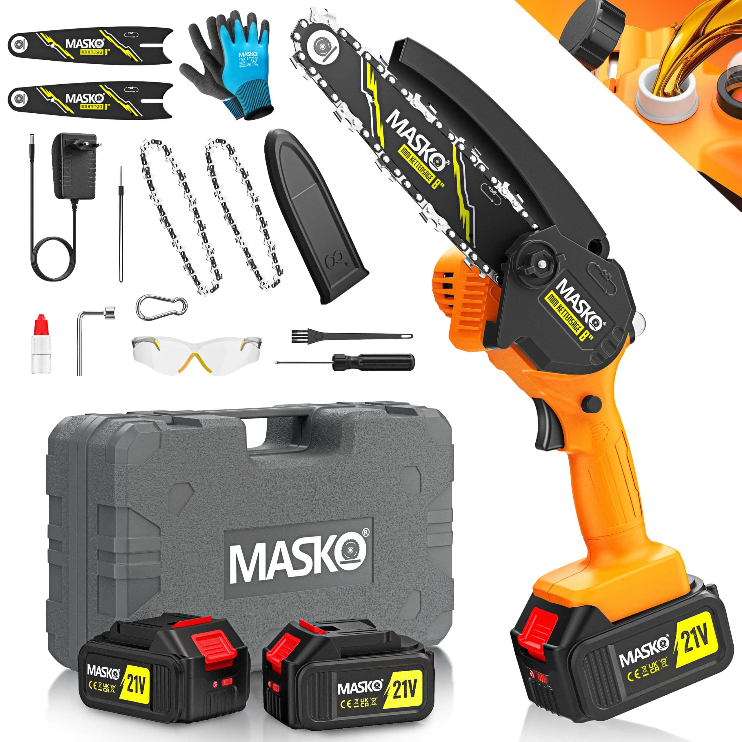 MASKO® Mini-Kettensäge mit Akku 8000mAh   Handkettensäge Elektro mit 2 Akku 4000mAh für Gartenscheren/Astscheren/Holzschneiden   Motorsäge 800W automatisches Ölsystem