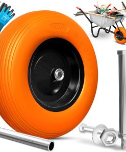 MASKO® PU Schubkarrenrad Vollgummi 200 kg pannensicher 4.80/4.00-8 Ø 390mm inkl. Achse Ersatzrad Gummirad Stahlfelge Reifen pannensicher für Schubkarre Gartenkarren pannensicheres PU Rad