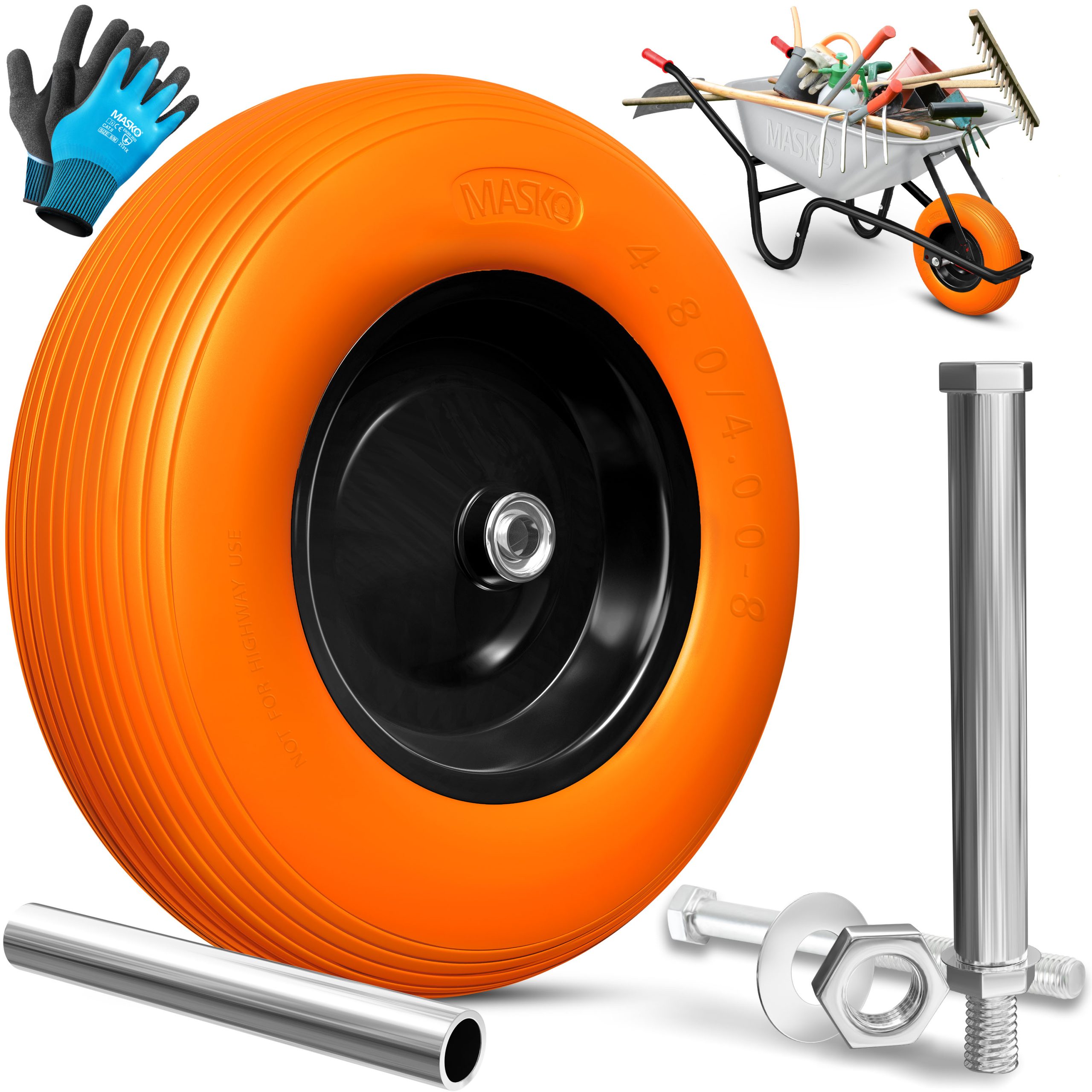 MASKO® PU Schubkarrenrad Vollgummi 200 kg pannensicher 4.80/4.00-8 Ø 390mm inkl. Achse Ersatzrad Gummirad Stahlfelge Reifen pannensicher für Schubkarre Gartenkarren pannensicheres PU Rad