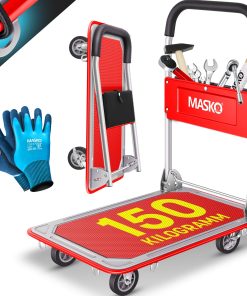 MASKO® Plattformwagen Transportwagen Lagerwagen Klappbar Inkl. Arbeitshandschuhe   Feststellbremse Transporthilfe   Mit 6 Sicherungsösen   360° Lenkrollen   Paketwagen Klappwagen