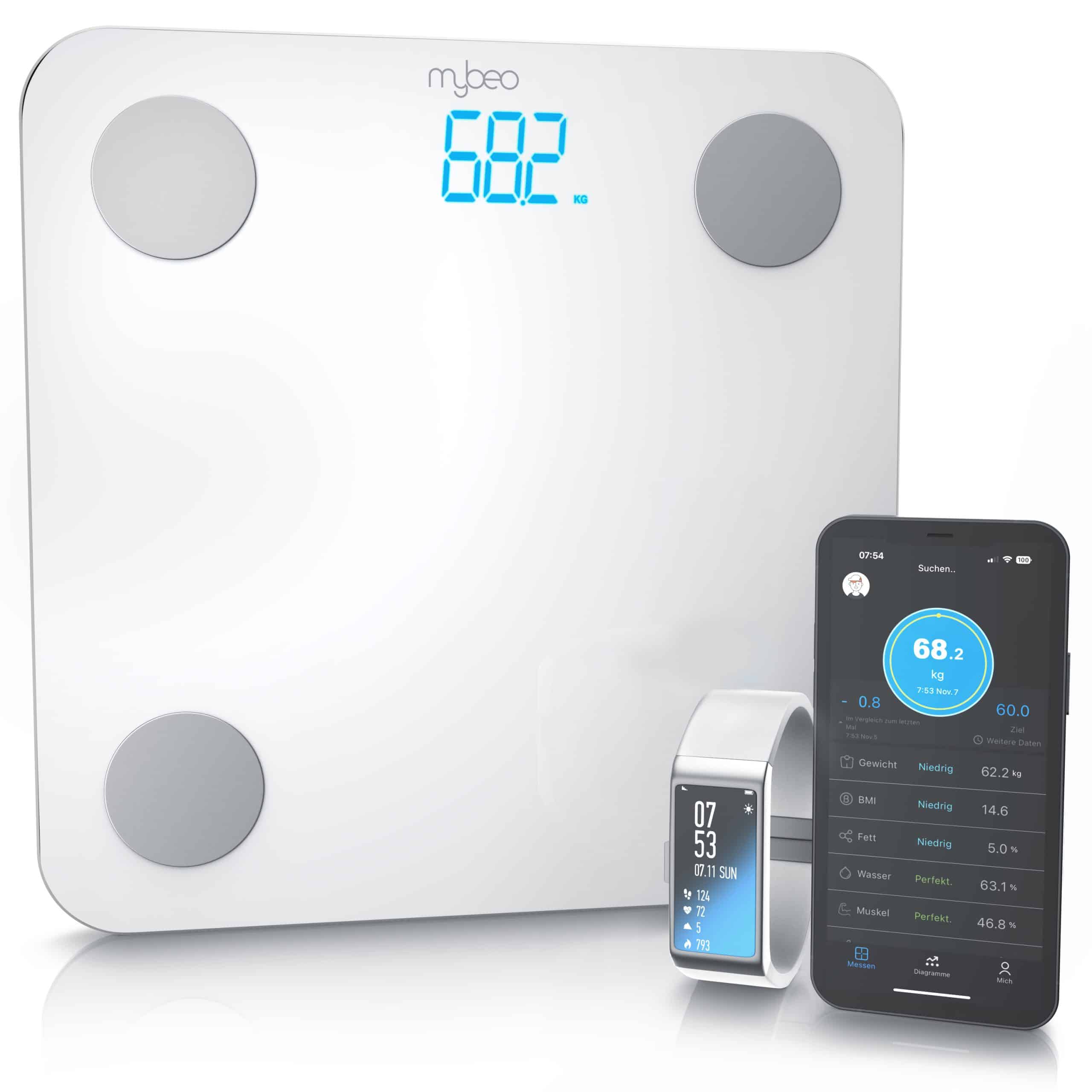 MyBeo Digitale Bluetooth Körperfettwaage Diagnosewaage mit App-Steuerung  weiß