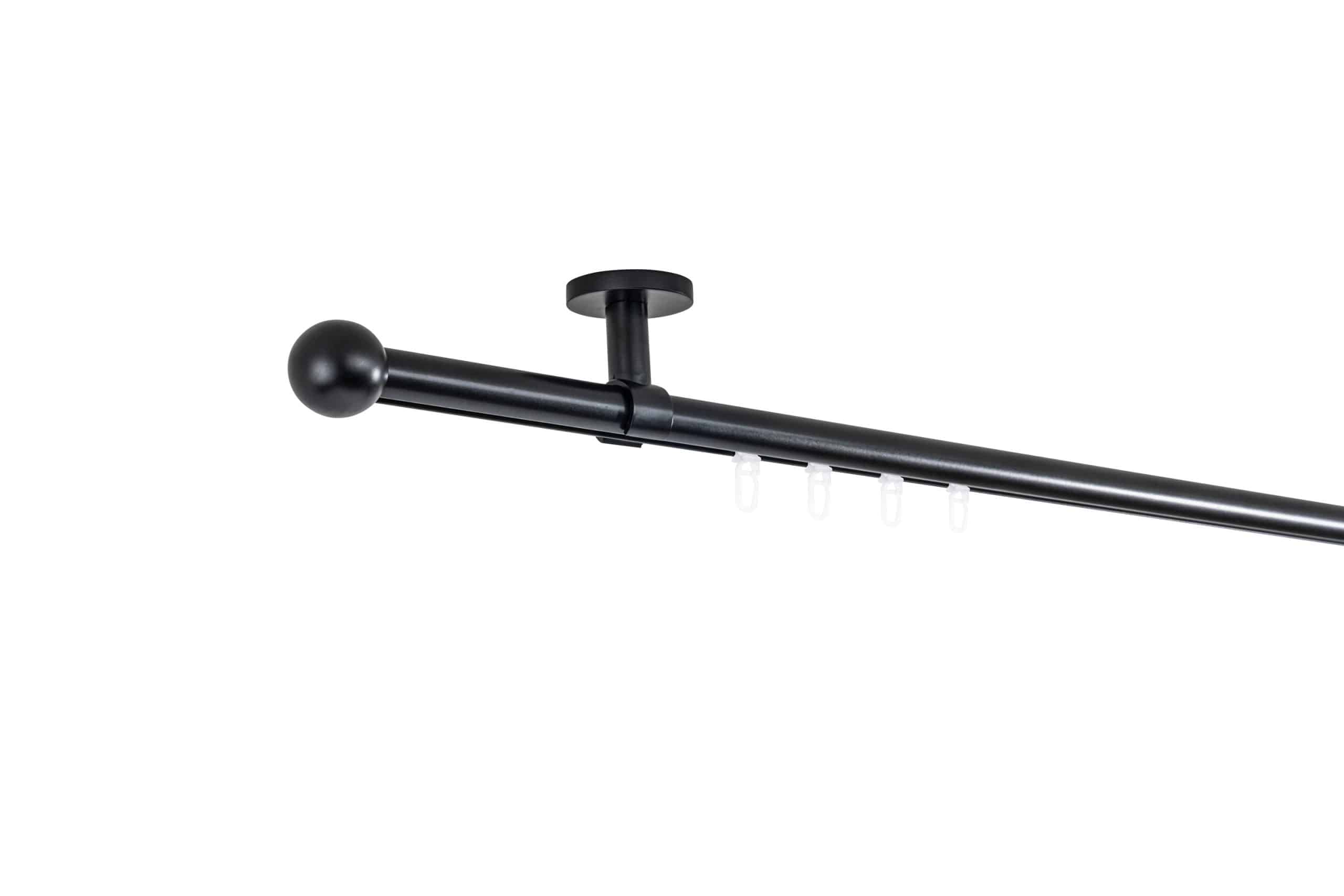Ondeco Gardinenstange auf Maß Innenlauf 20mm Ball 1-lauf Deckenträger 4cm mit Gleiter Farbe: Schwarz