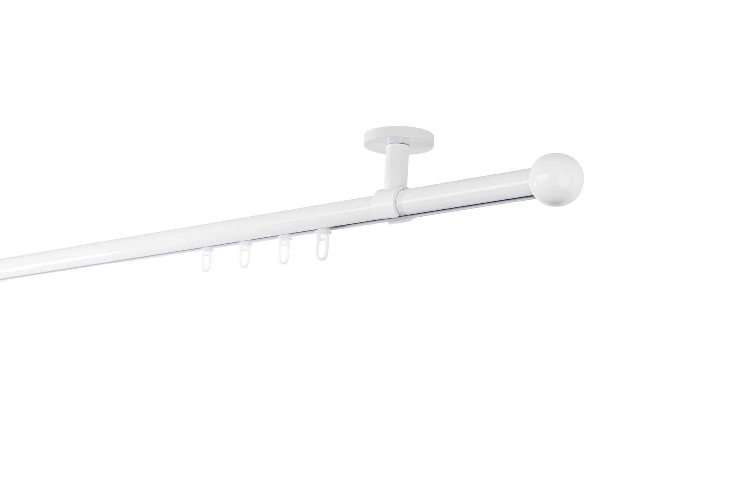Ondeco Gardinenstange auf Maß Innenlauf 20mm Ball 1-lauf Deckenträger 4cm mit Gleiter Farbe: Weiß