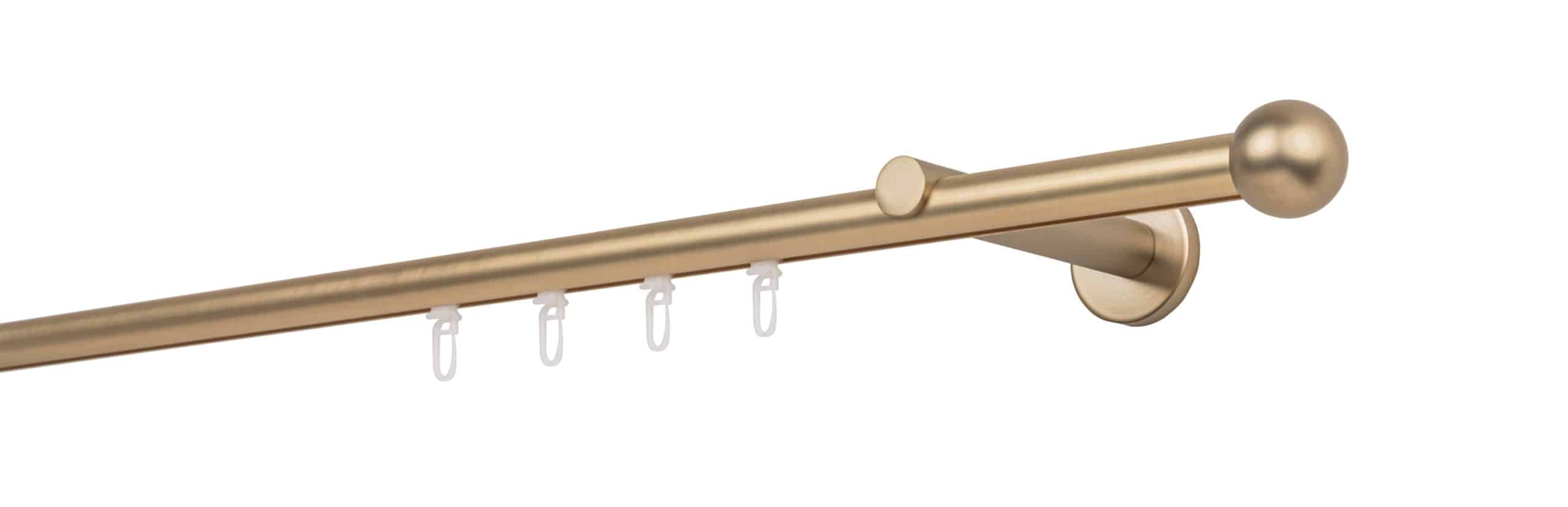 Ondeco Gardinenstange auf Maß Innenlauf 20mm Ball 1-lauf Wandträger 12cm mit Gleiter Farbe: Messing-Matt