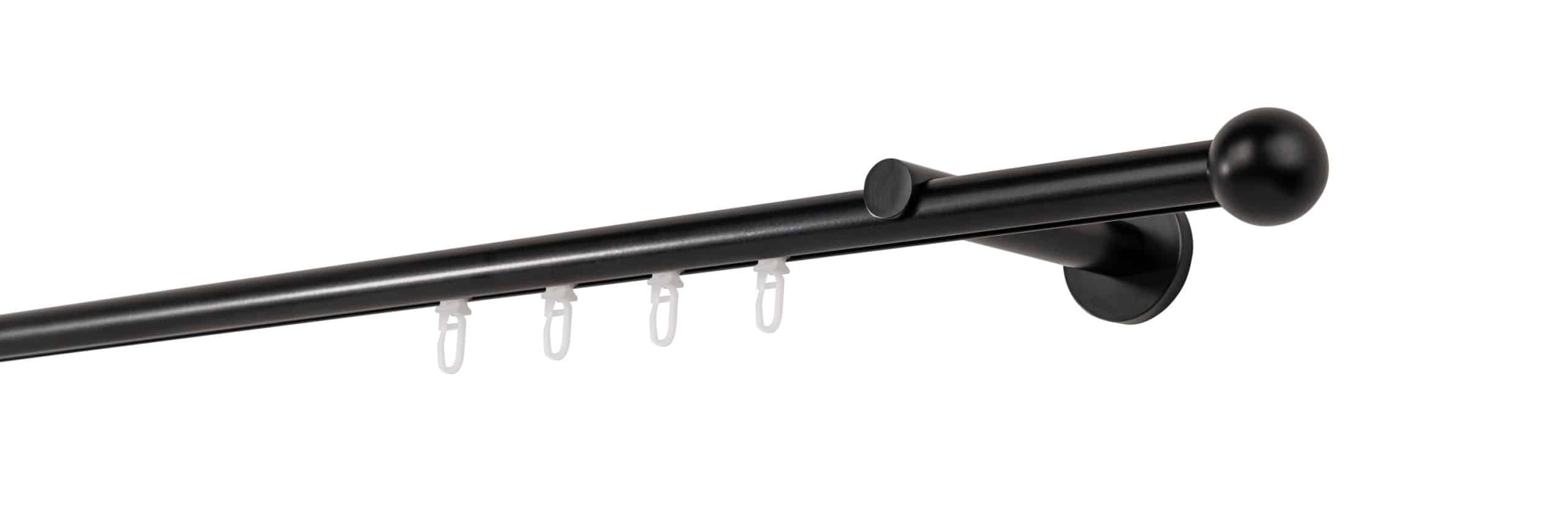 Ondeco Gardinenstange auf Maß Innenlauf 20mm Ball 1-lauf Wandträger 12cm mit Gleiter Farbe: Schwarz