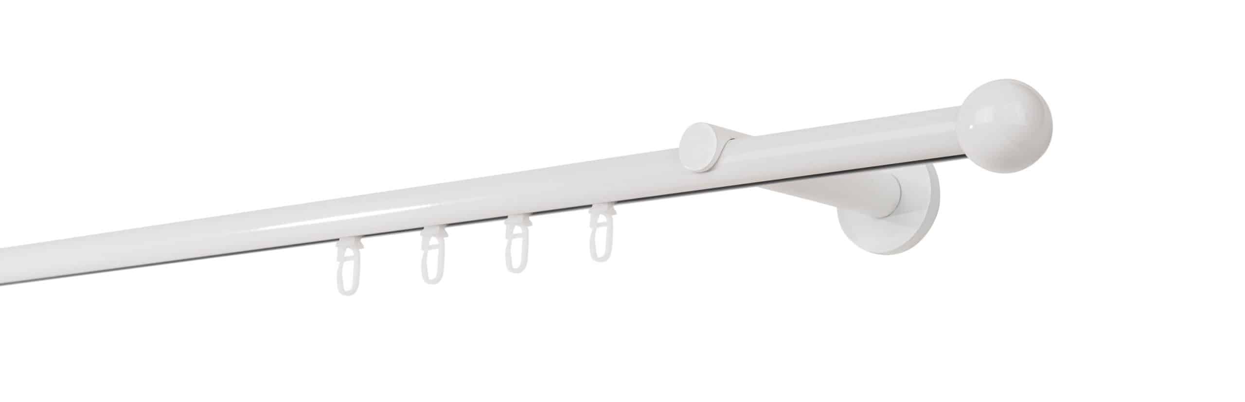 Ondeco Gardinenstange auf Maß Innenlauf 20mm Ball 1-lauf Wandträger 12cm mit Gleiter Farbe: Weiß