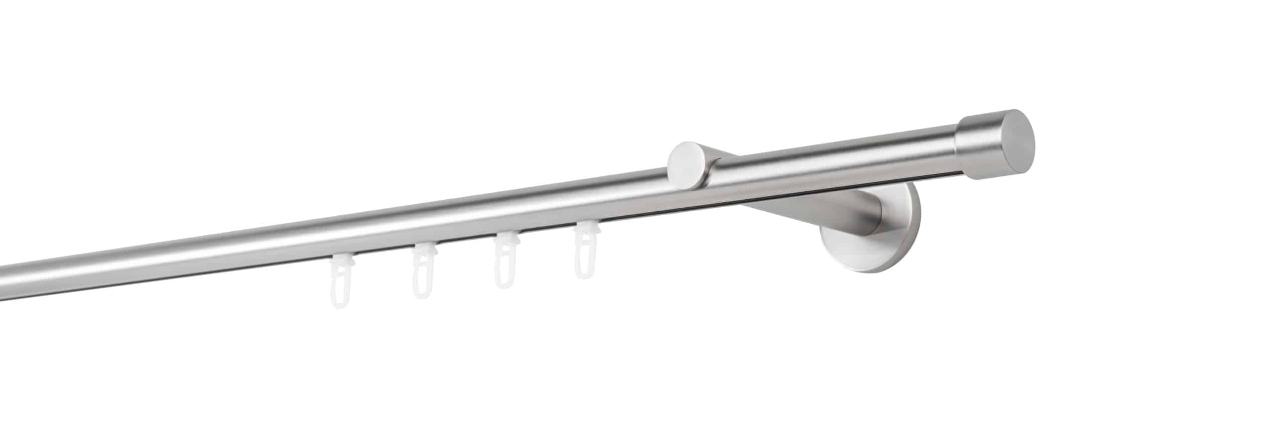Ondeco Gardinenstange auf Maß Innenlauf 20mm Cap 1-lauf  Wandträger 12cm mit Gleiter Farbe: Edelstahl-Optik