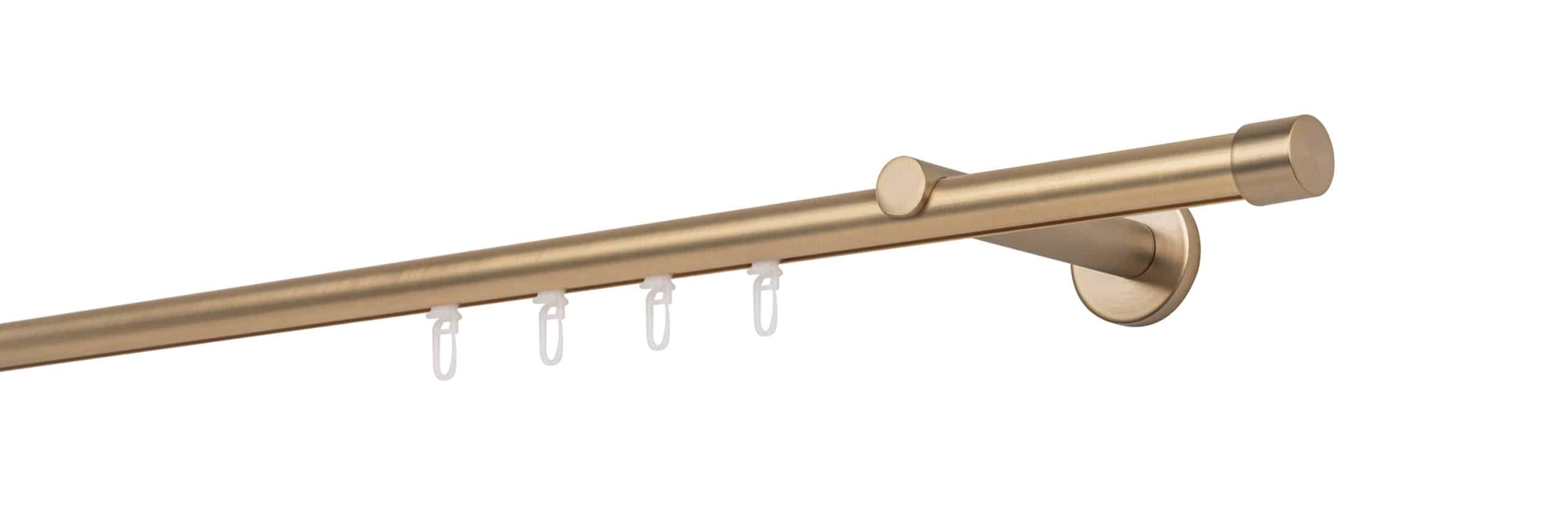 Ondeco Gardinenstange auf Maß Innenlauf 20mm Cap 1-lauf Wandträger 12cm mit Gleiter Farbe: Messing-Matt