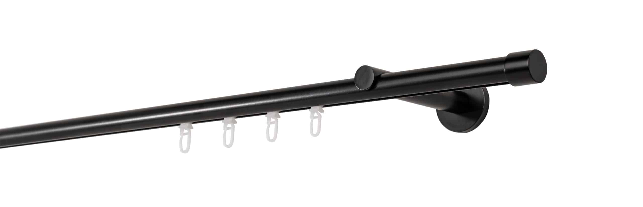 Ondeco Gardinenstange auf Maß Innenlauf 20mm Cap 1-lauf Wandträger 12cm mit Gleiter Farbe: Schwarz