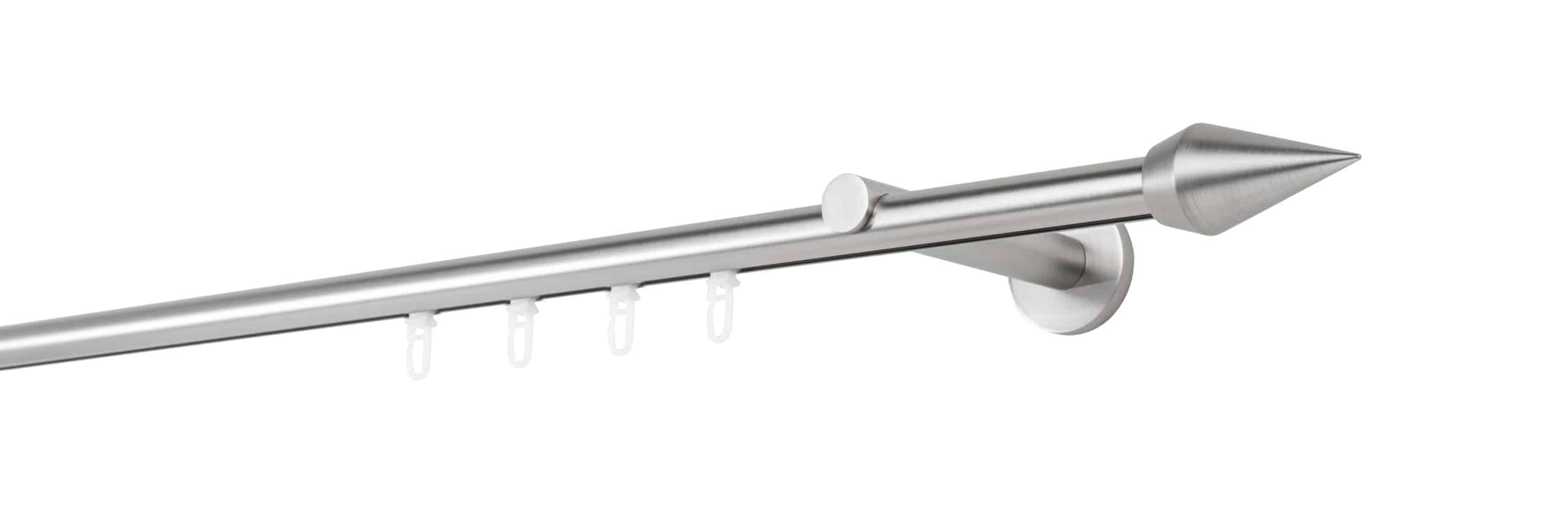 Ondeco Gardinenstange auf Maß Innenlauf 20mm Kegel 1-lauf Wandträger 12cm mit Gleiter Farbe: Edelstahl-Optik