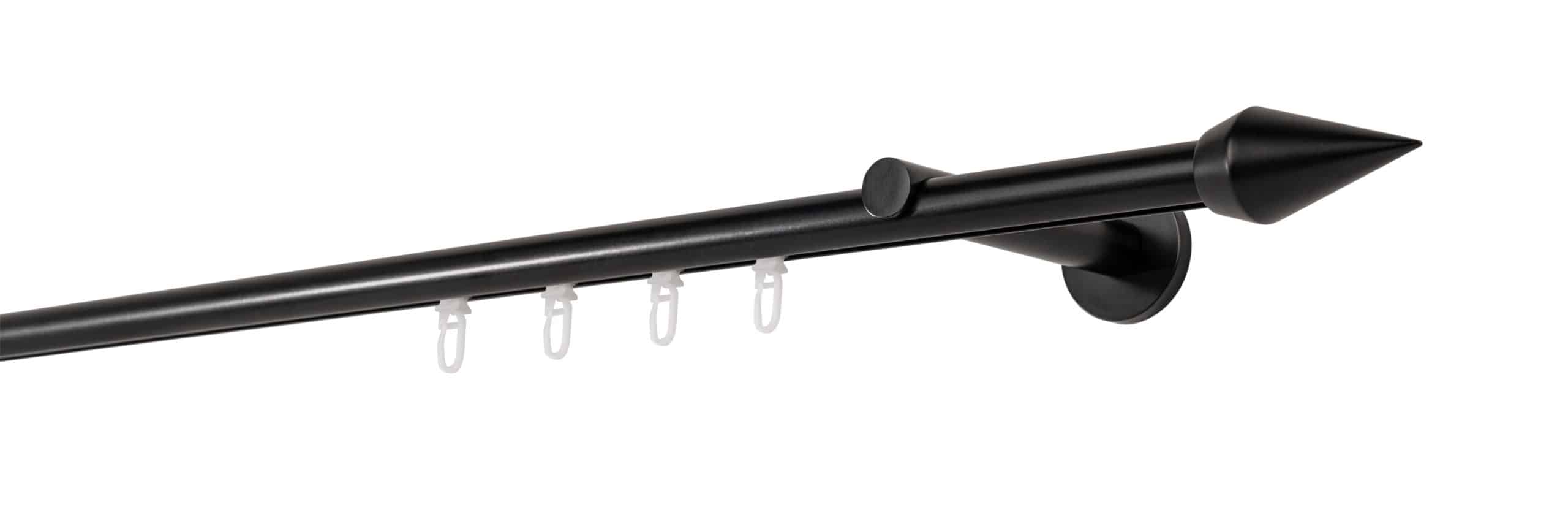 Ondeco Gardinenstange auf Maß Innenlauf 20mm Kegel 1-lauf Wandträger 12cm mit Gleiter Farbe: Schwarz