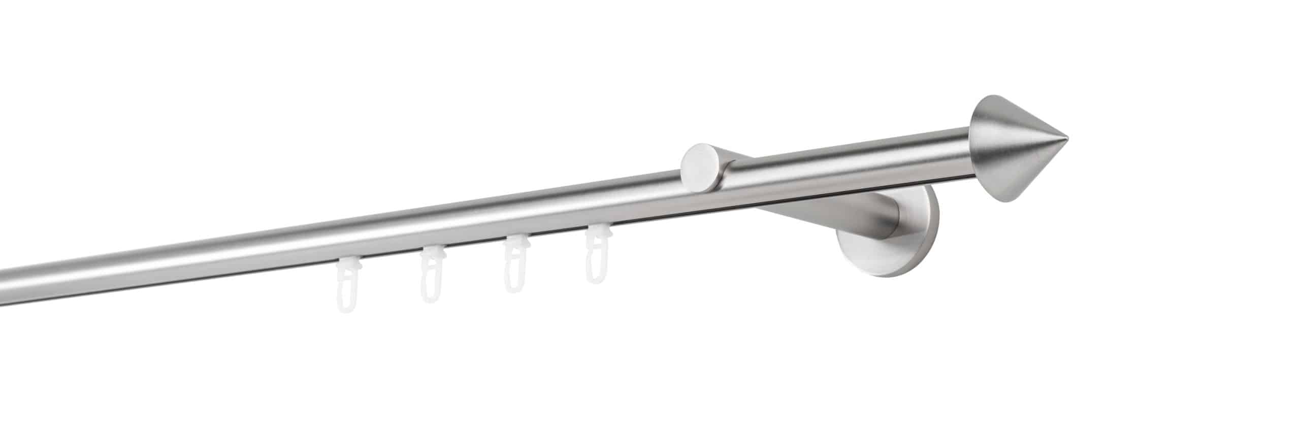 Ondeco Gardinenstange auf Maß  Innenlauf 20mm Spitze 1-lauf Wandträger 12cm Gleiter Farbe: Edelstahl-Optik