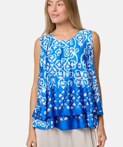 PM SELECTED Damen Blusentop Sommerlicher Sleeveless Overlay Satin Muster Top PM34