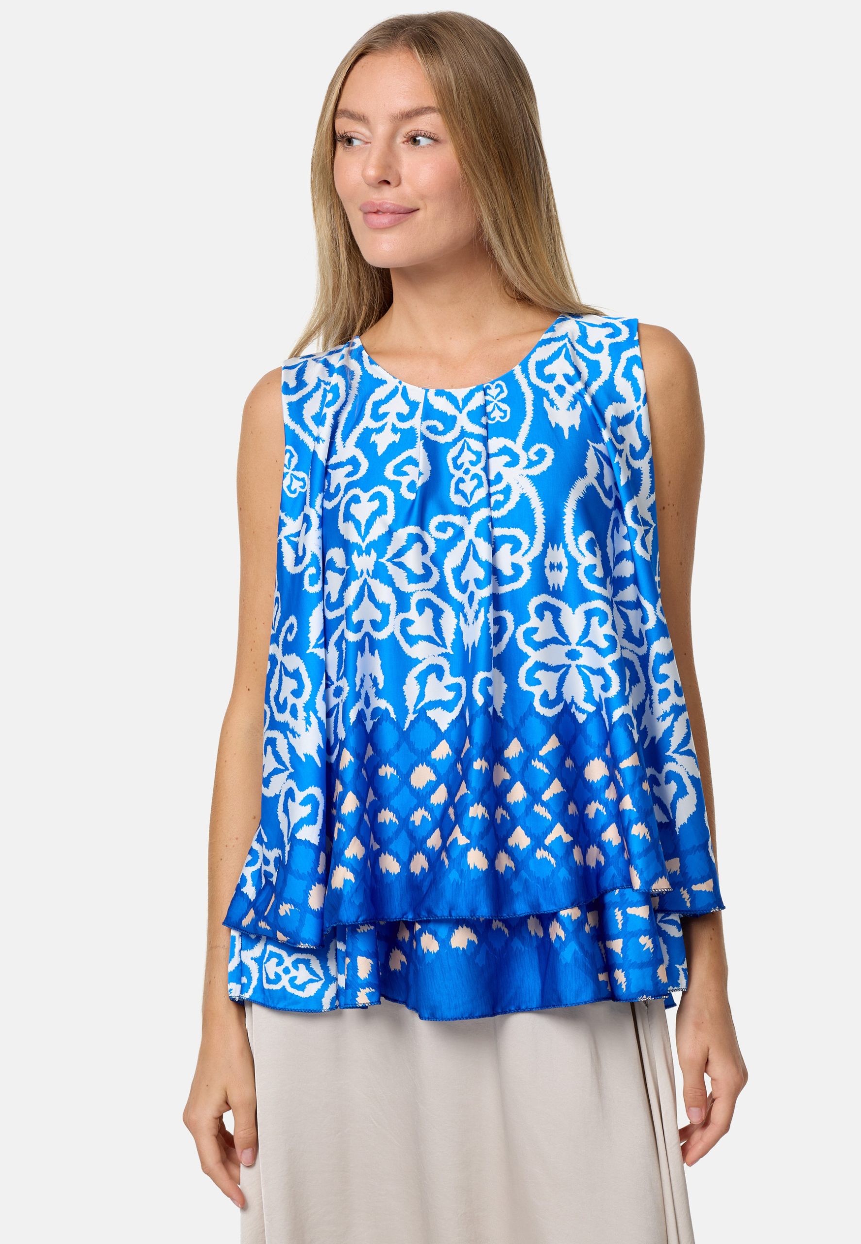 PM SELECTED Damen Blusentop Sommerlicher Sleeveless Overlay Satin Muster Top PM34