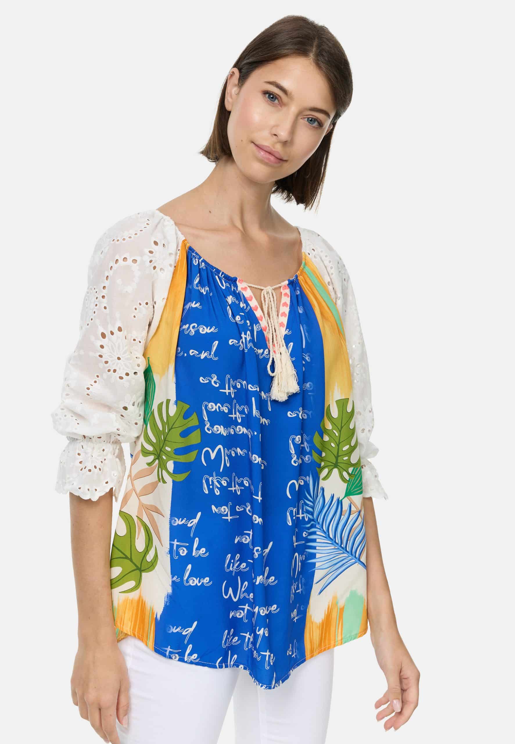 PM SELECTED Damen Romantische Tunika Bluse im Mustermix mit Spitze in Einheitsgröße PM61