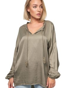PM SELECTED Damen Schlupfbluse Romantische Business Satin Bluse mit Rüschenkragen in Einheitsgröße PM06