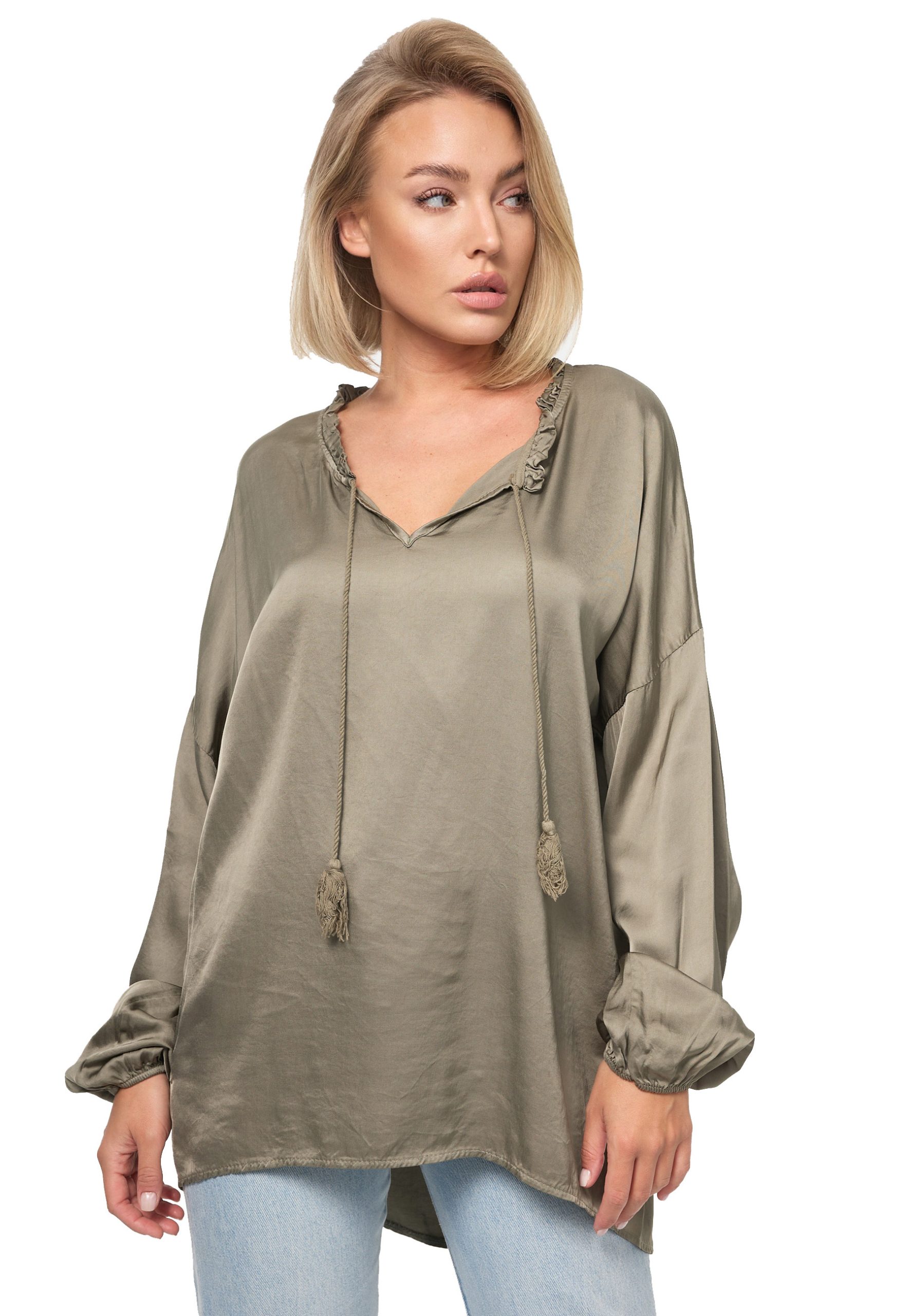 PM SELECTED Damen Schlupfbluse Romantische Business Satin Bluse mit Rüschenkragen in Einheitsgröße PM06